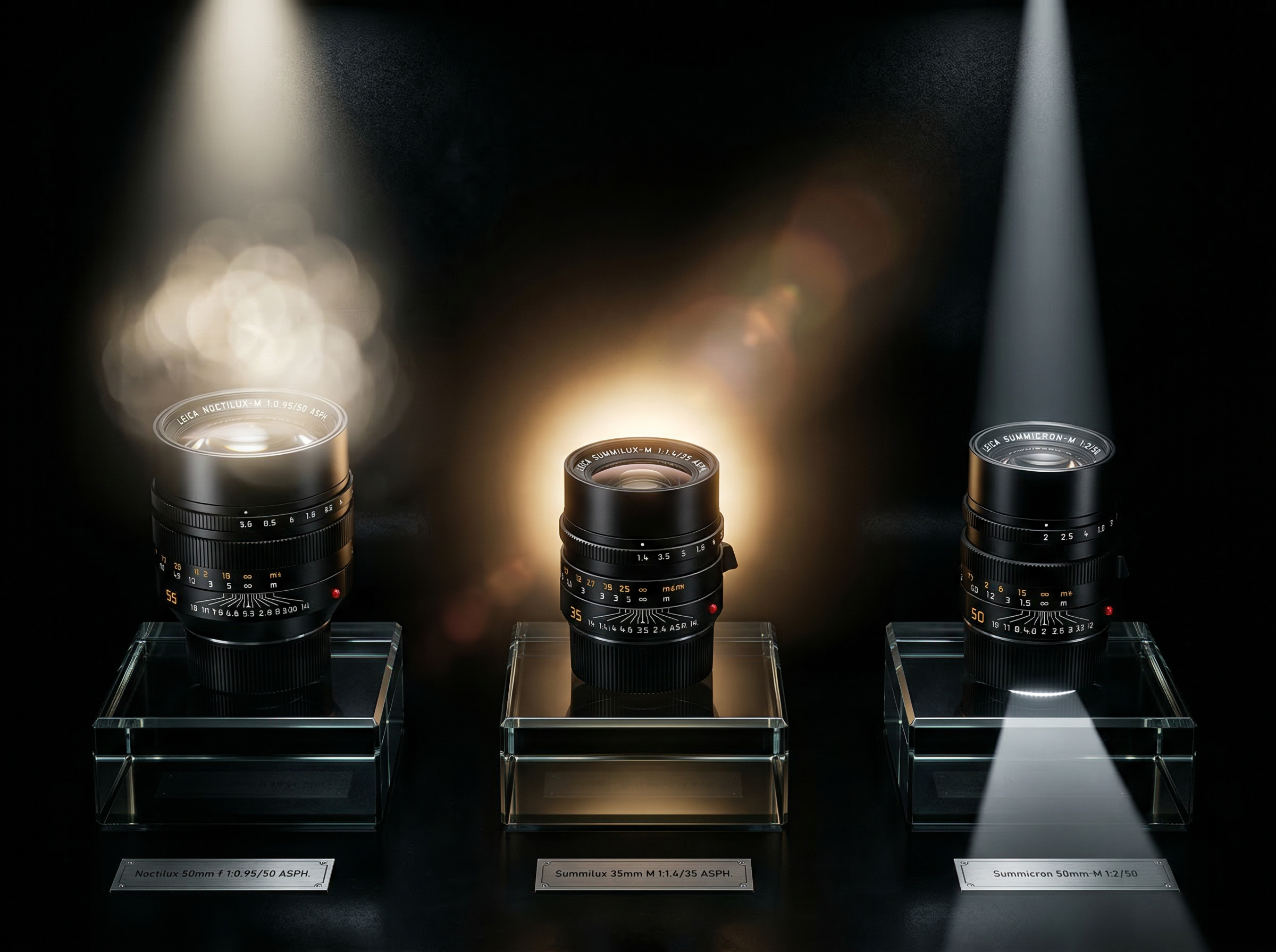 An array of legendary Leica lenses on glass pedestals with different qualities of light passing through each