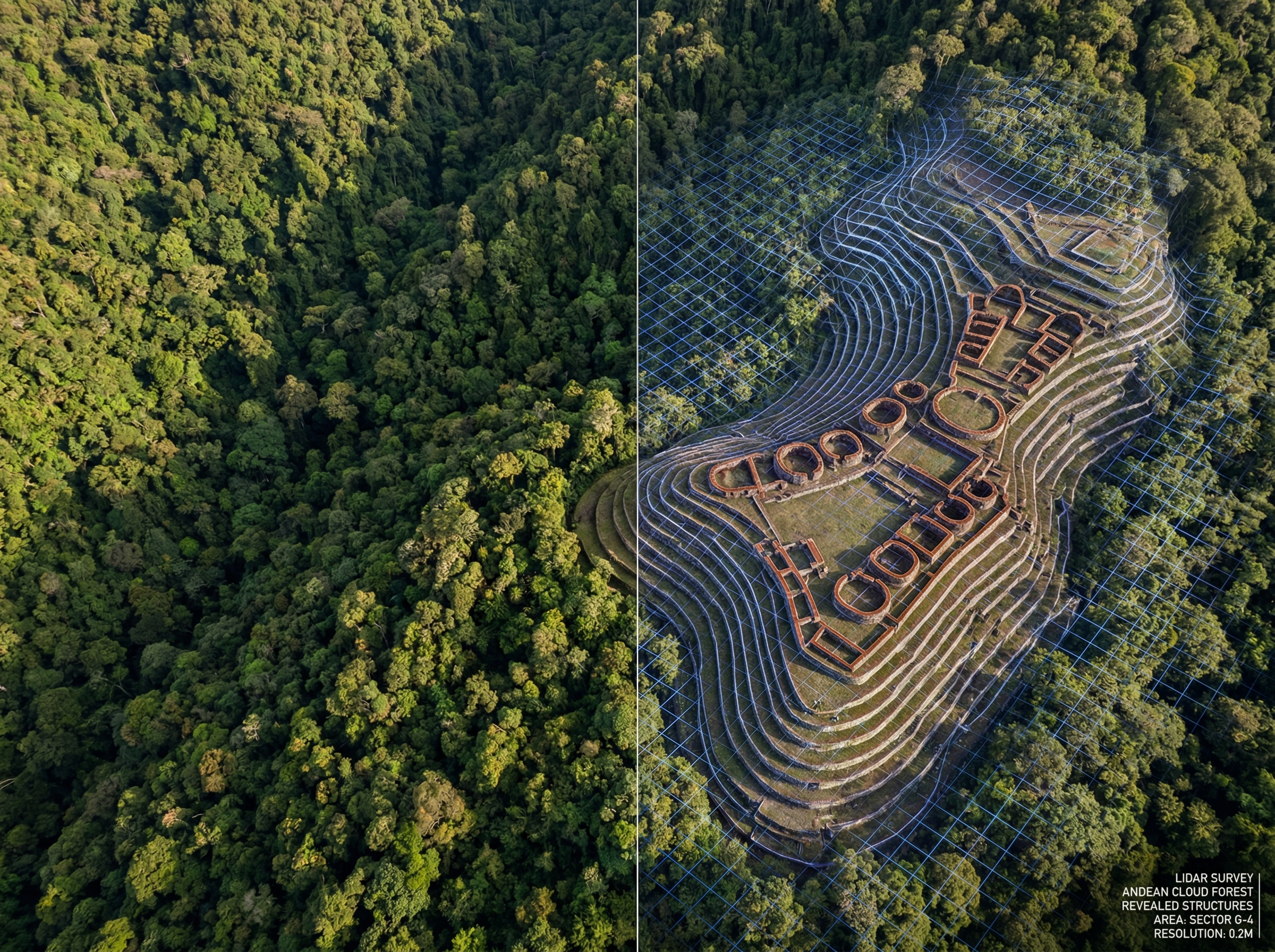 Dense jungle canopy being penetrated by LiDAR scan lines revealing hidden Inca stone structures underneath