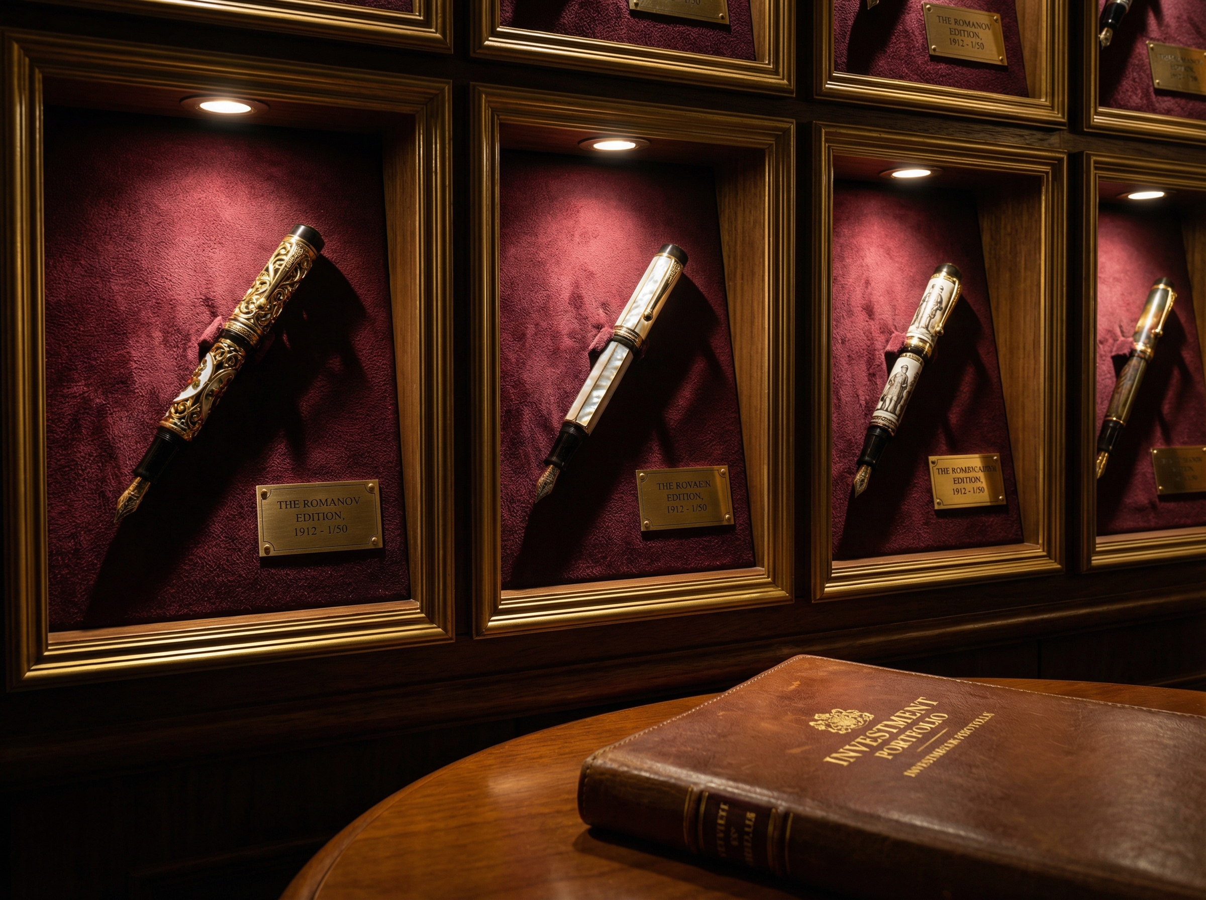 Collection of ornate limited edition fountain pens arranged in a private collector's vault