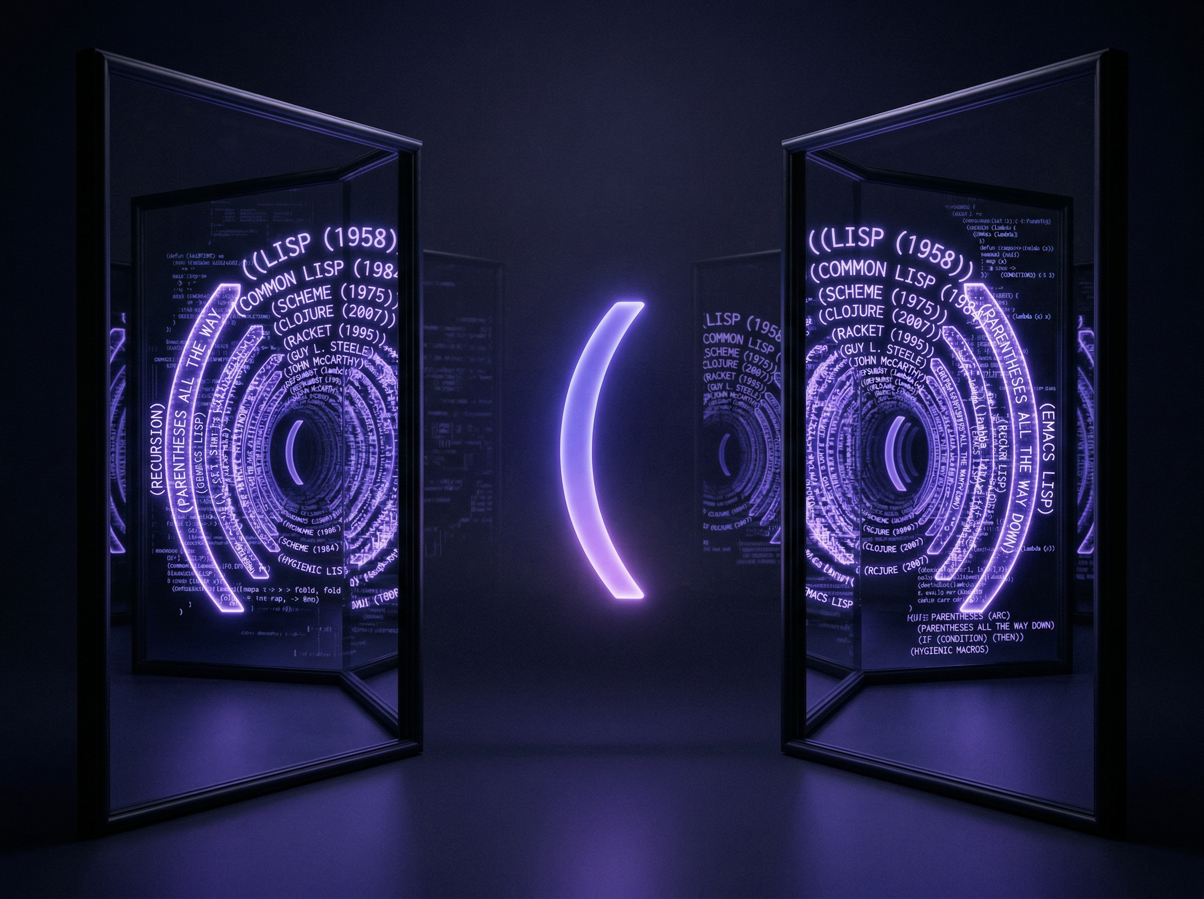 Single luminous parenthesis reflected infinitely in facing mirrors, each reflection slightly different, creating a fractal corridor