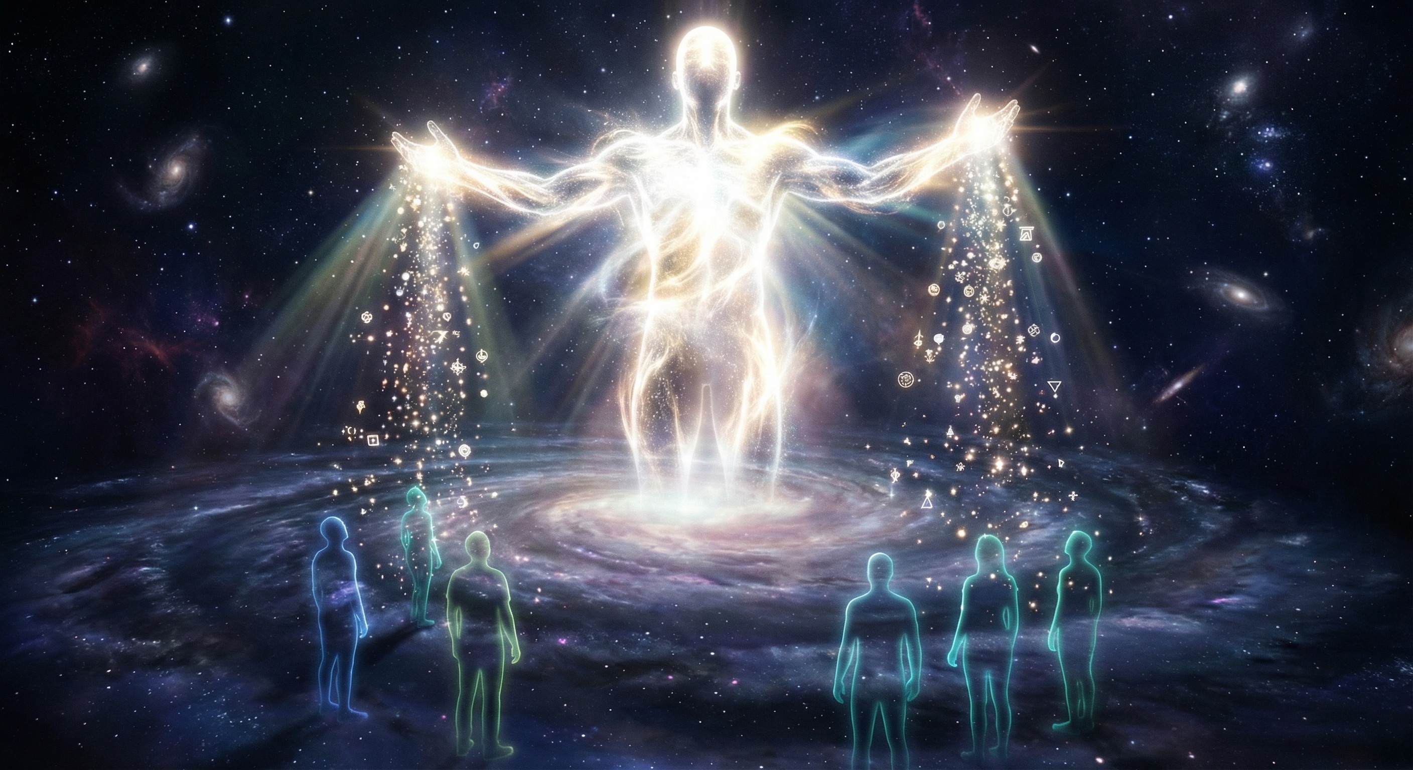 A massive teacher figure made of light sharing knowledge with smaller student models below