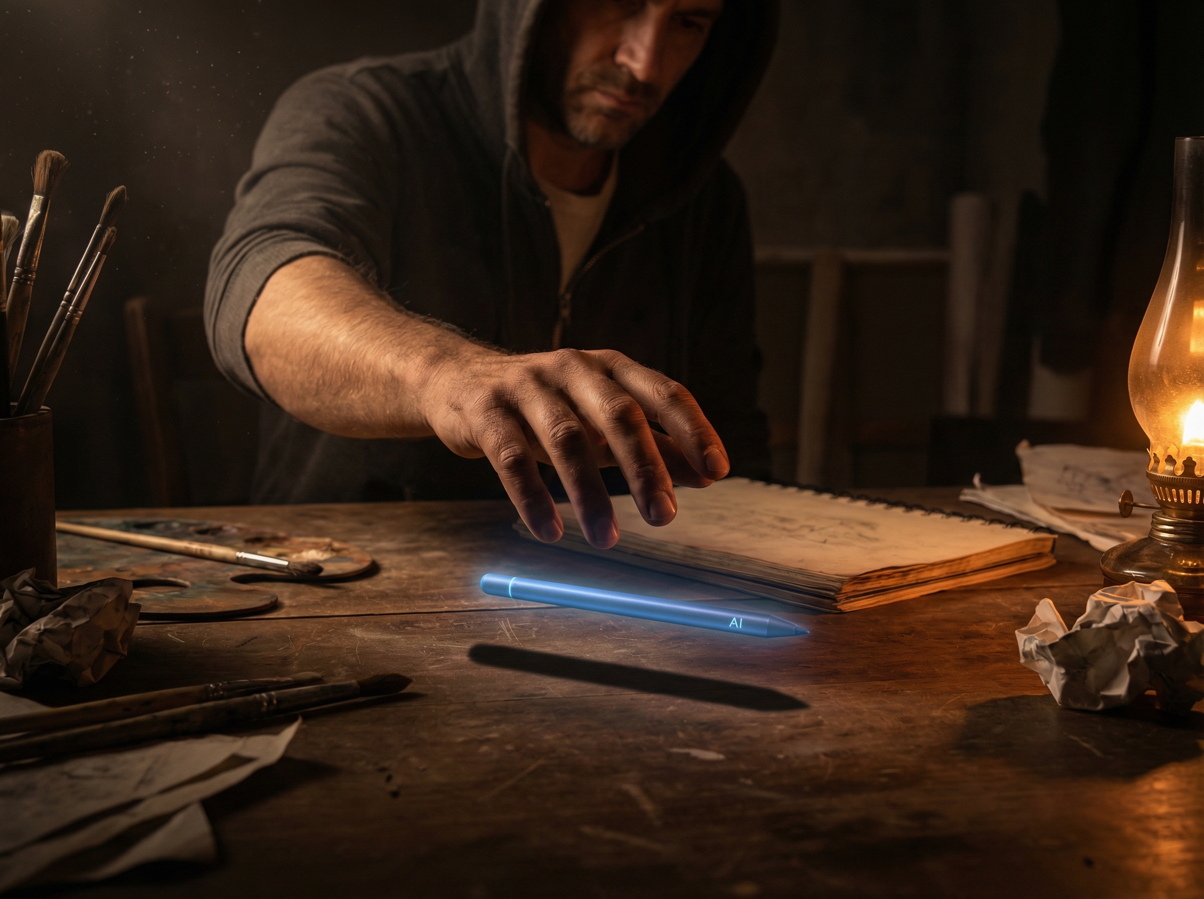 Artist's hand refusing to touch a glowing AI pen casting an empty shadow