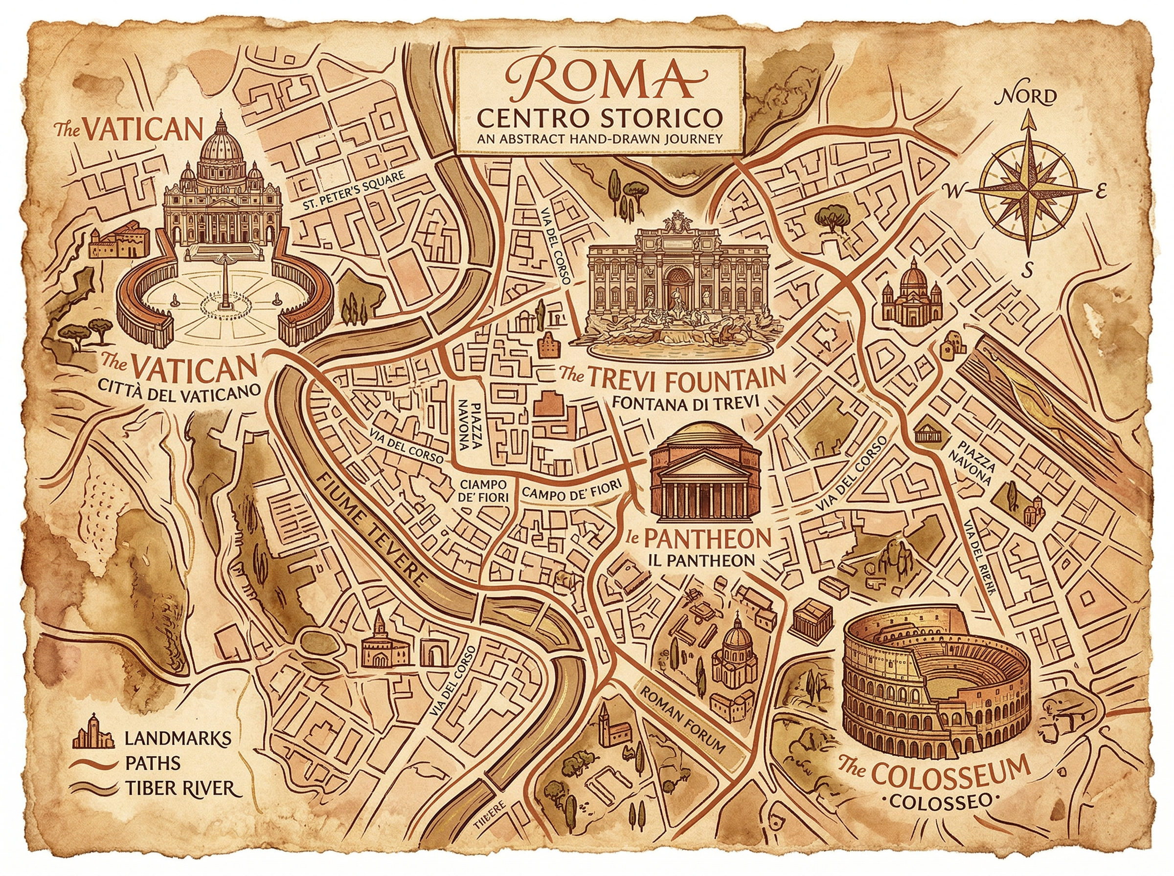Illustrated map of Rome's historic center with major landmarks connected by winding paths