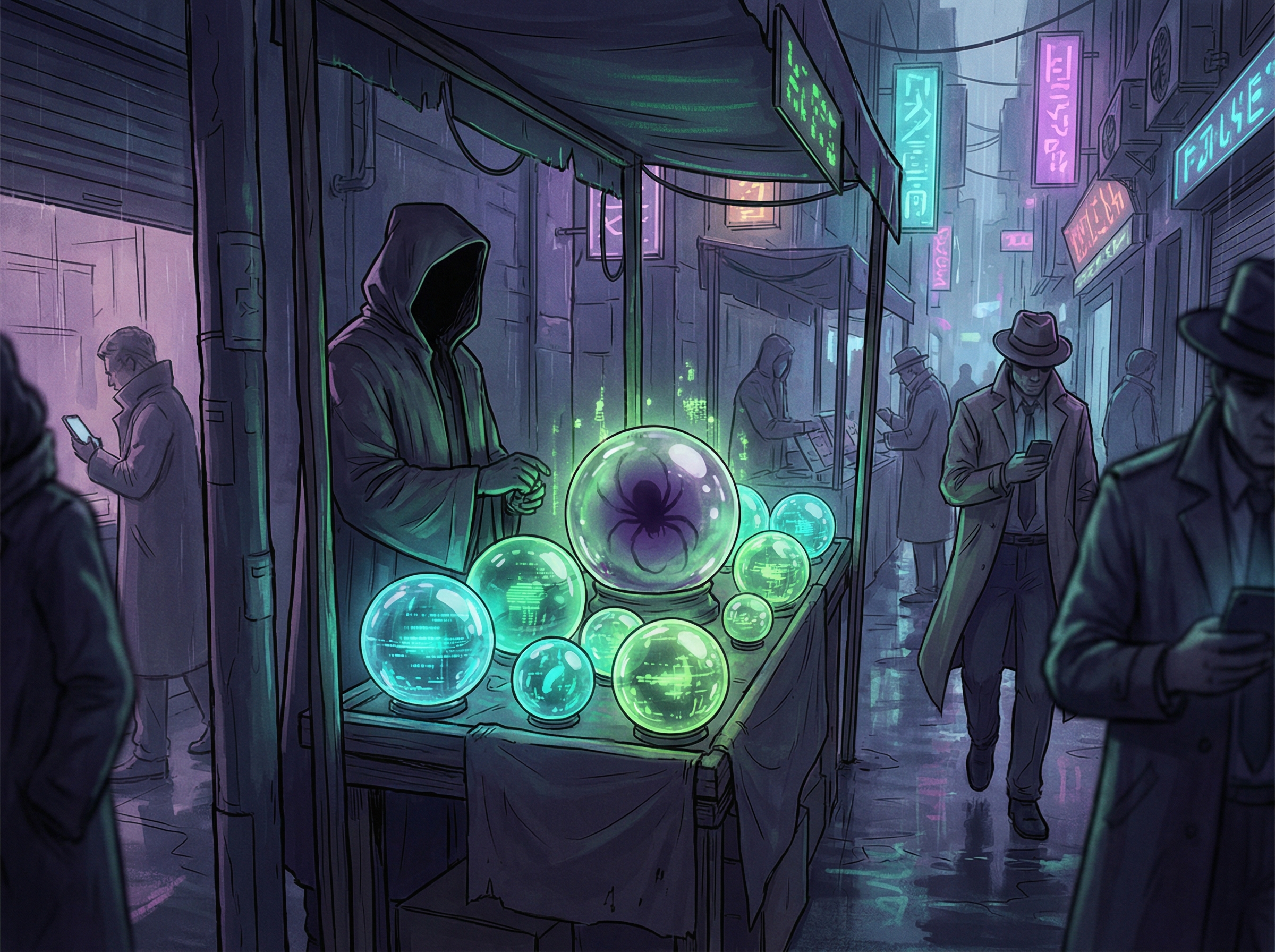 A marketplace stall selling glowing digital orbs with a dark spider hidden inside one
