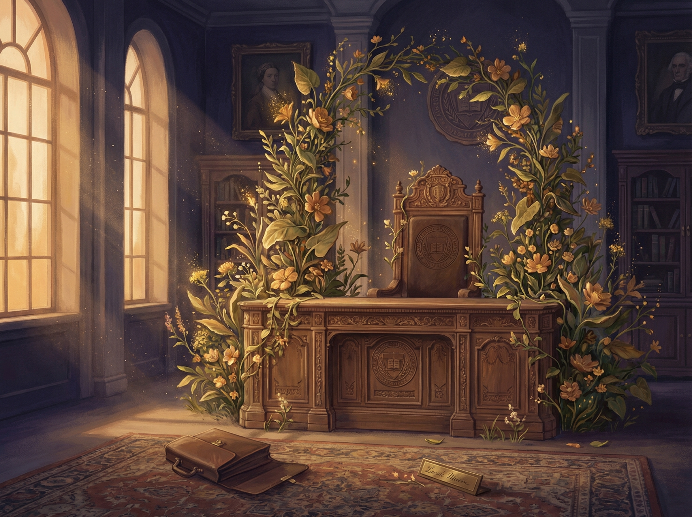 Editorial illustration of an empty ornate presidential chair being reclaimed by growing vines and flowers, with warm light streaming through windows
