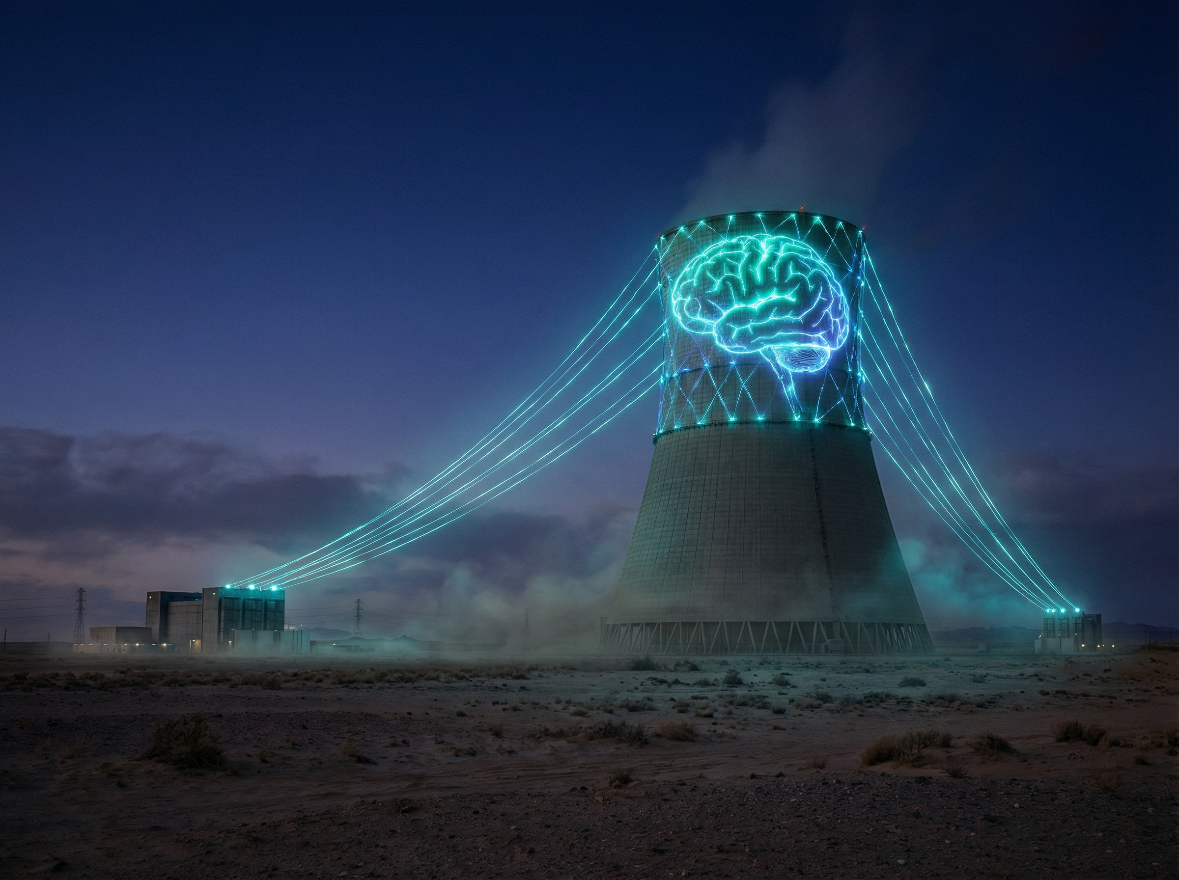 Nuclear cooling tower transforming into a glowing AI brain