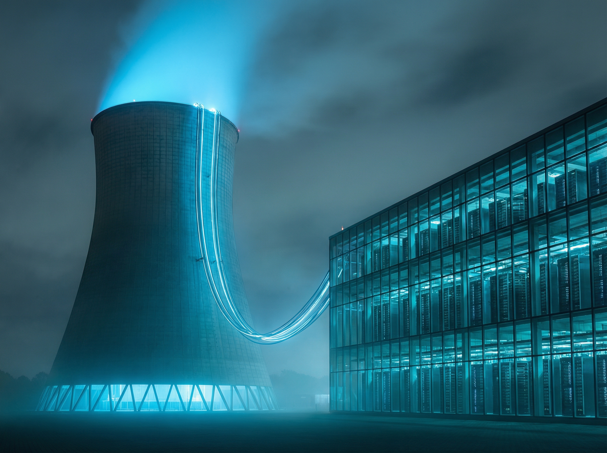 Nuclear cooling tower glowing with blue energy, connected to server racks