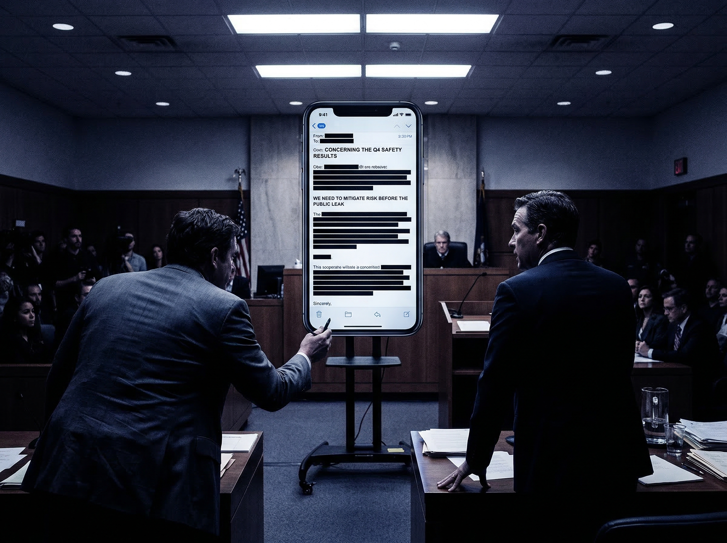 A dramatic courtroom scene with a massive smartphone as the central exhibit displaying internal corporate emails with redaction marks