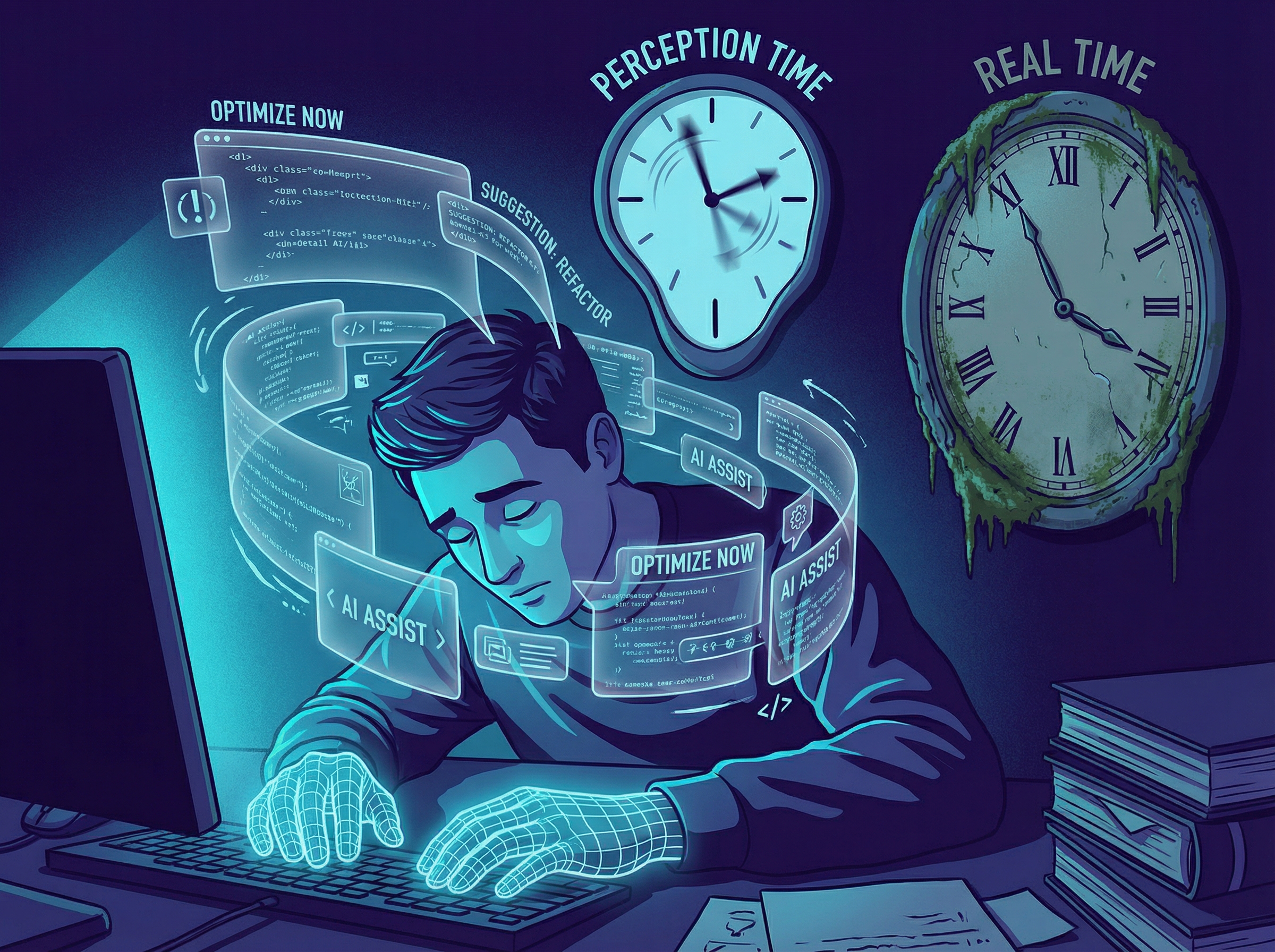 A developer at a desk with two clocks showing different times, surrounded by AI suggestion bubbles creating distraction