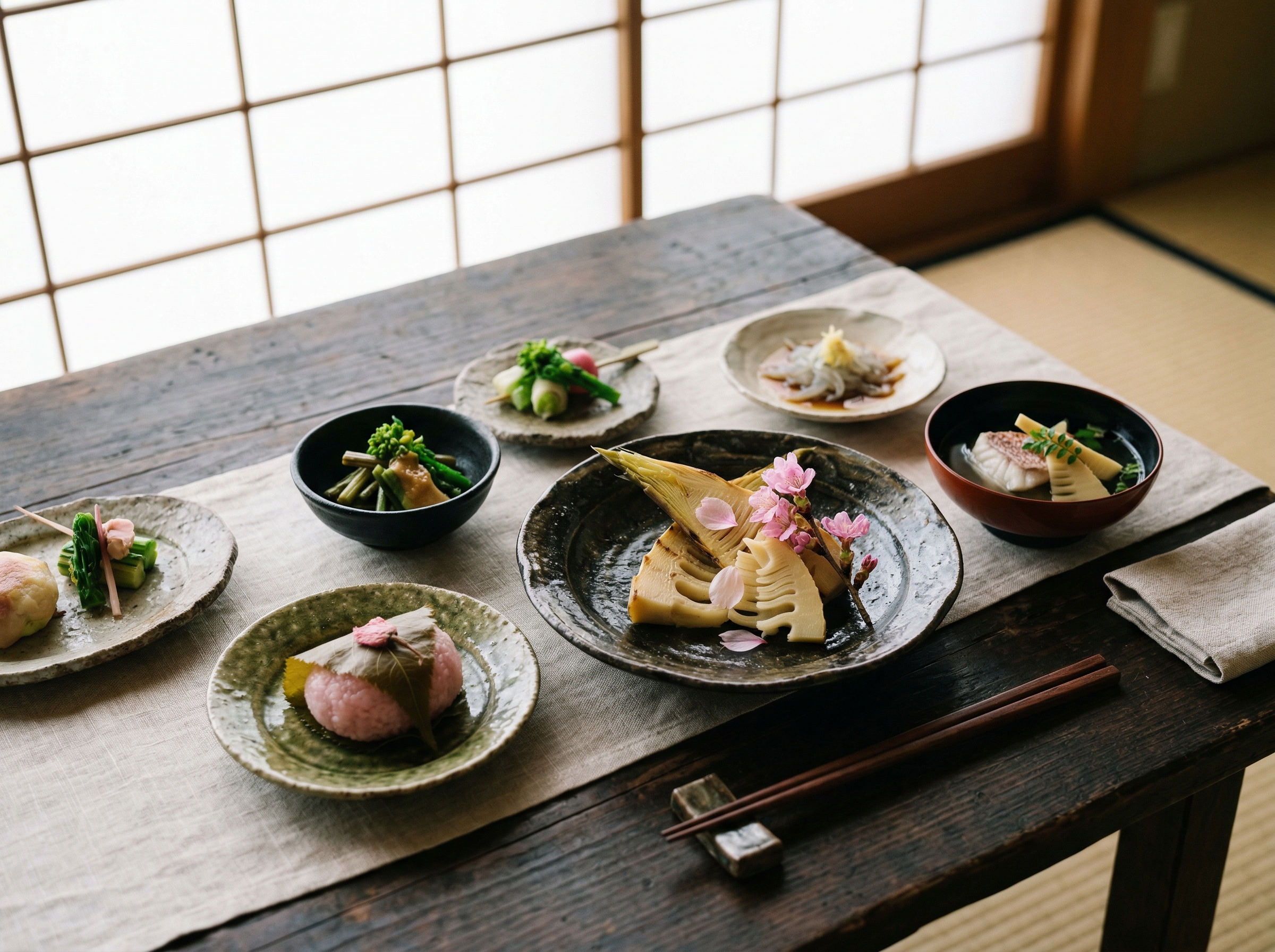 Exquisite Japanese kaiseki course with spring ingredients on handmade ceramic