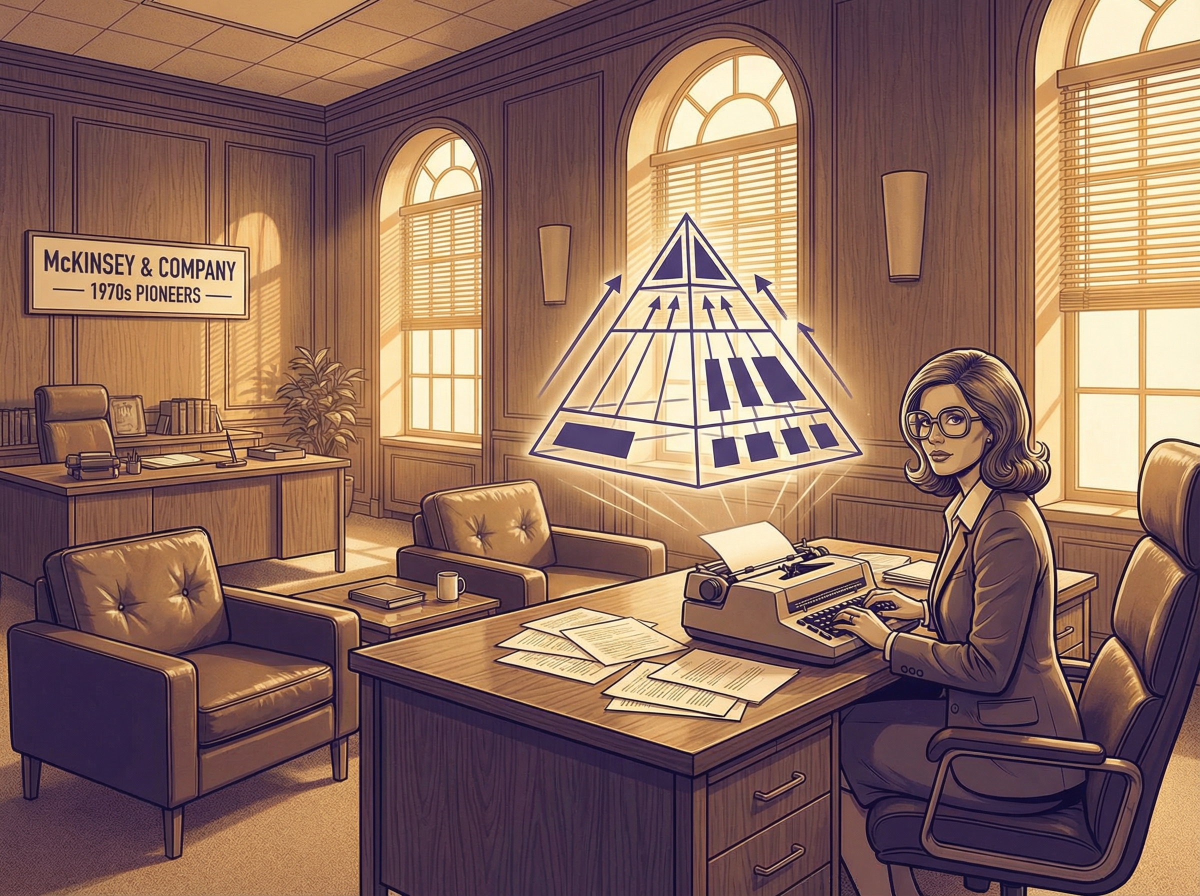 Portrait of professional woman in 1970s office setting with organizational charts