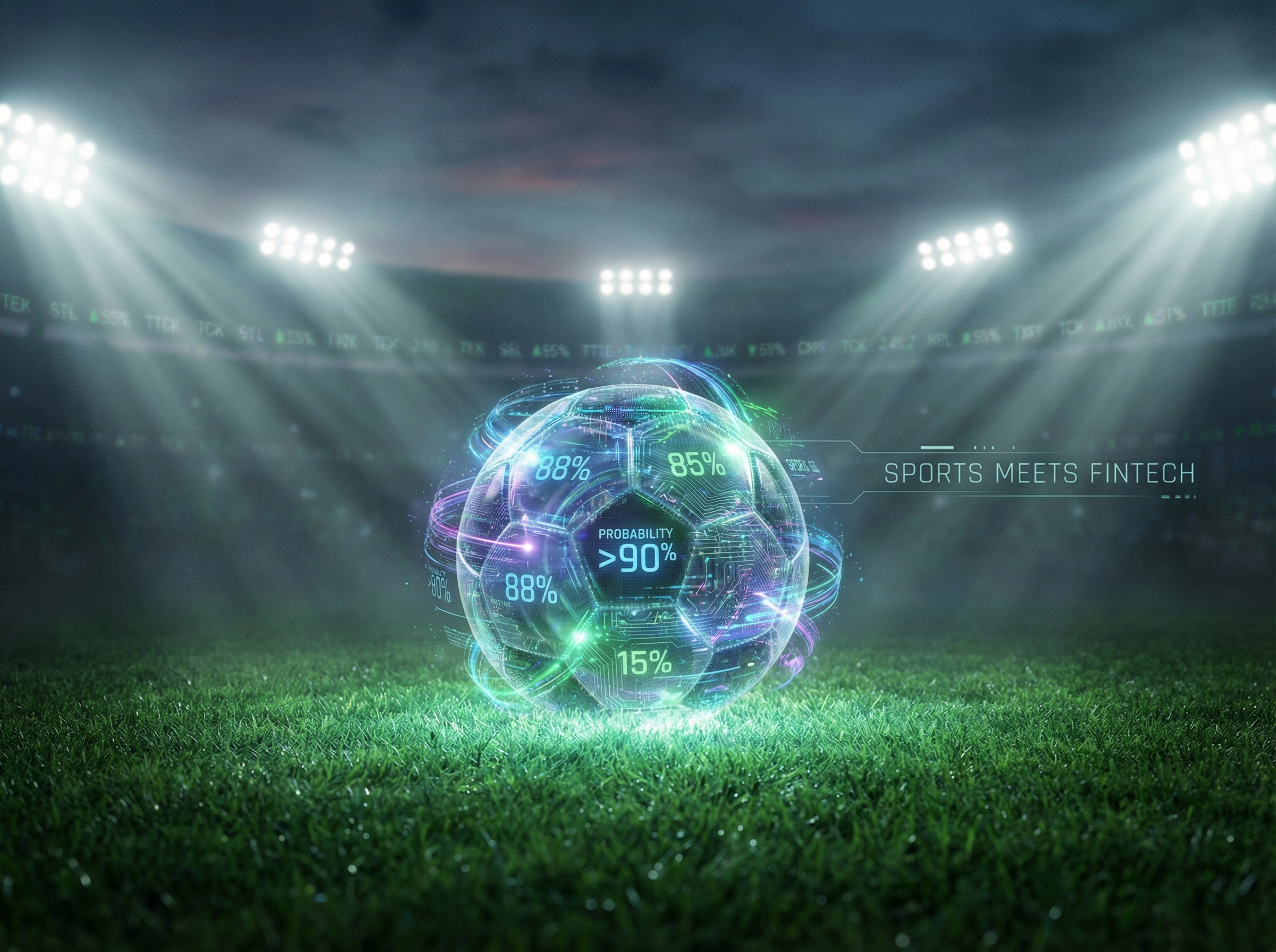 Soccer ball made of holographic data streams on a perfectly manicured pitch