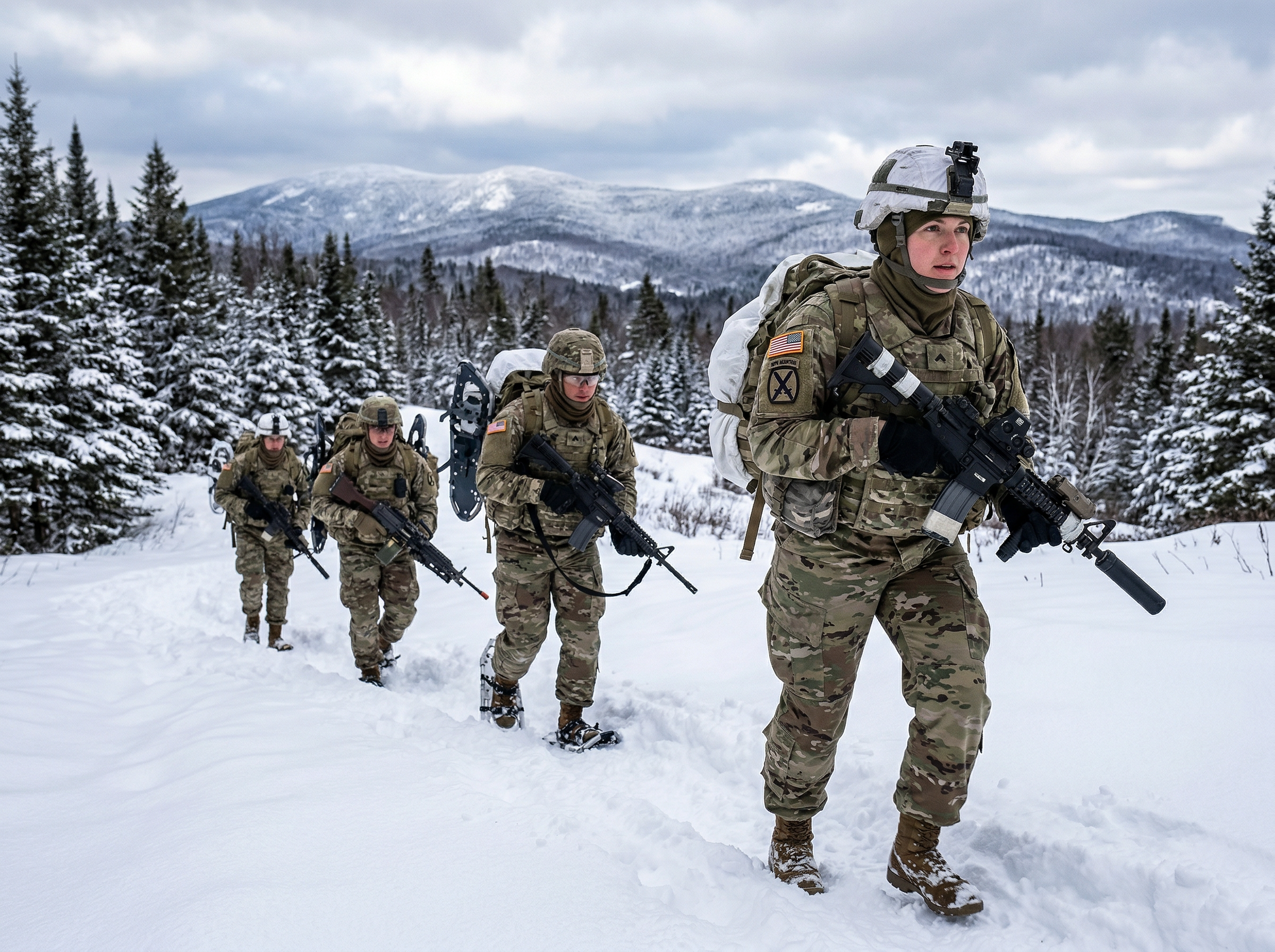 Modern U.S. Army 10th Mountain Division soldiers at Fort Drum, light infantry troops with modern equipment