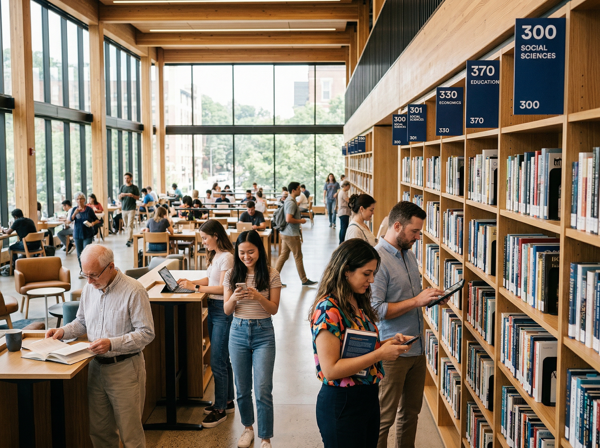 A vibrant modern public library with diverse patrons browsing Dewey-labeled shelves alongside digital devices