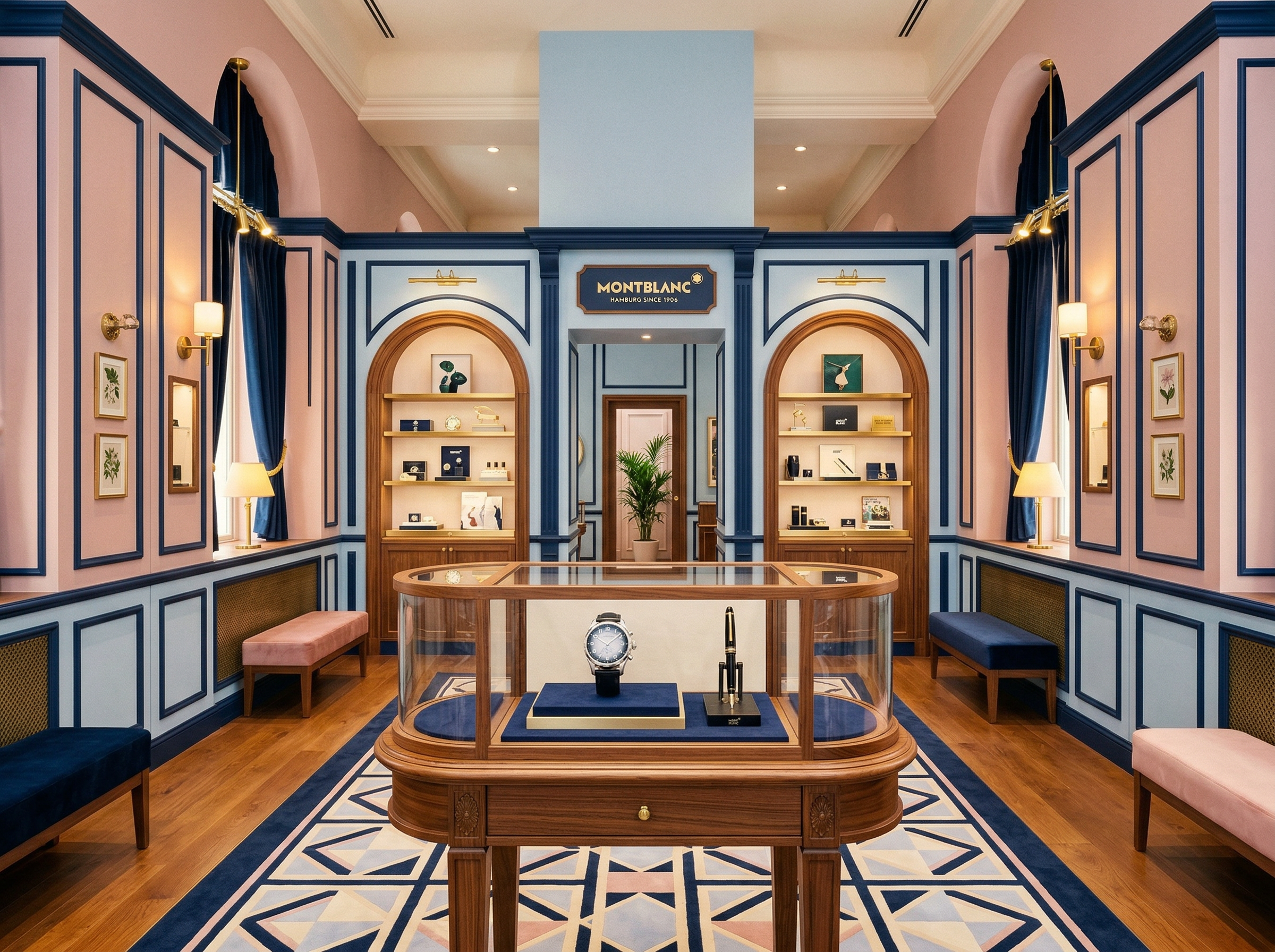 A Wes Anderson-inspired symmetrical Montblanc boutique with smartwatch and classic pen