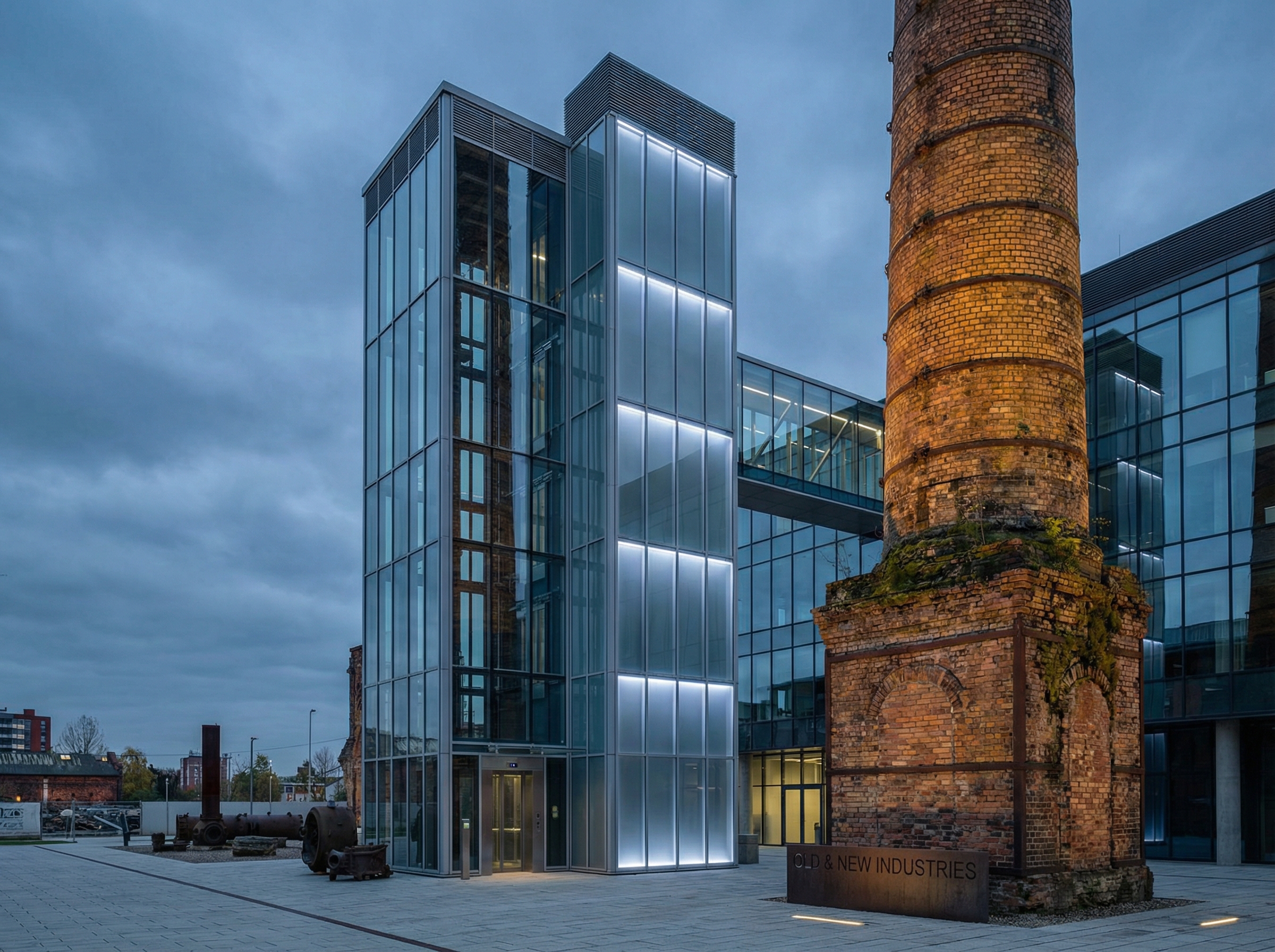 A modern glass-and-steel corporate tower next to a weathered 19th century factory chimney