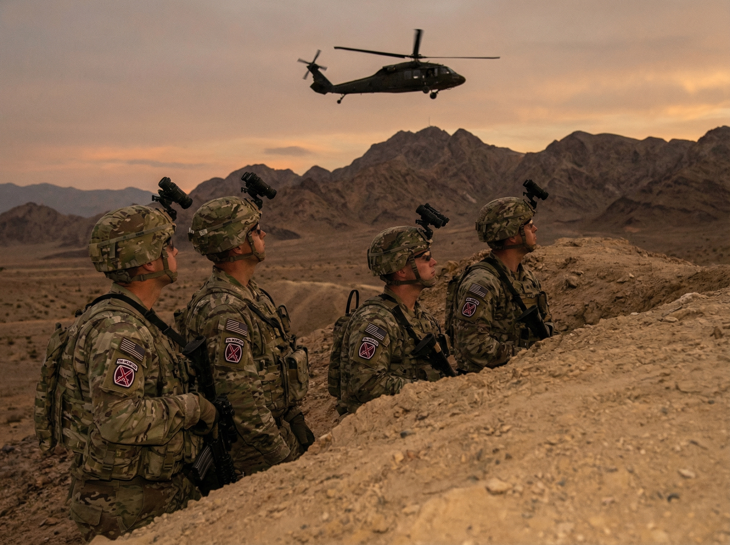 Modern 10th Mountain Division soldiers in desert combat gear with helicopter overhead