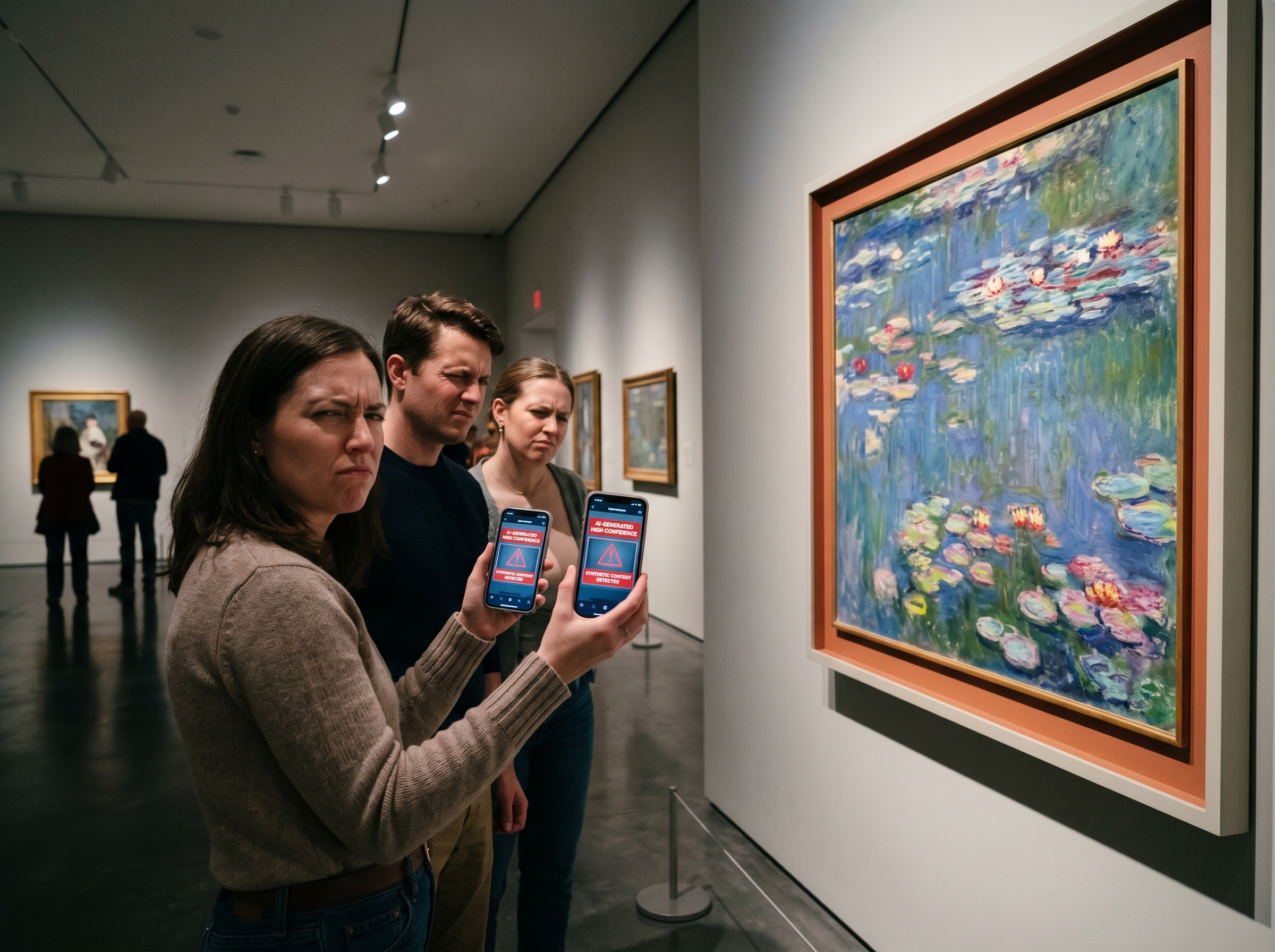 Gallery visitors squinting suspiciously at an Impressionist painting, some holding up phones with AI detector apps