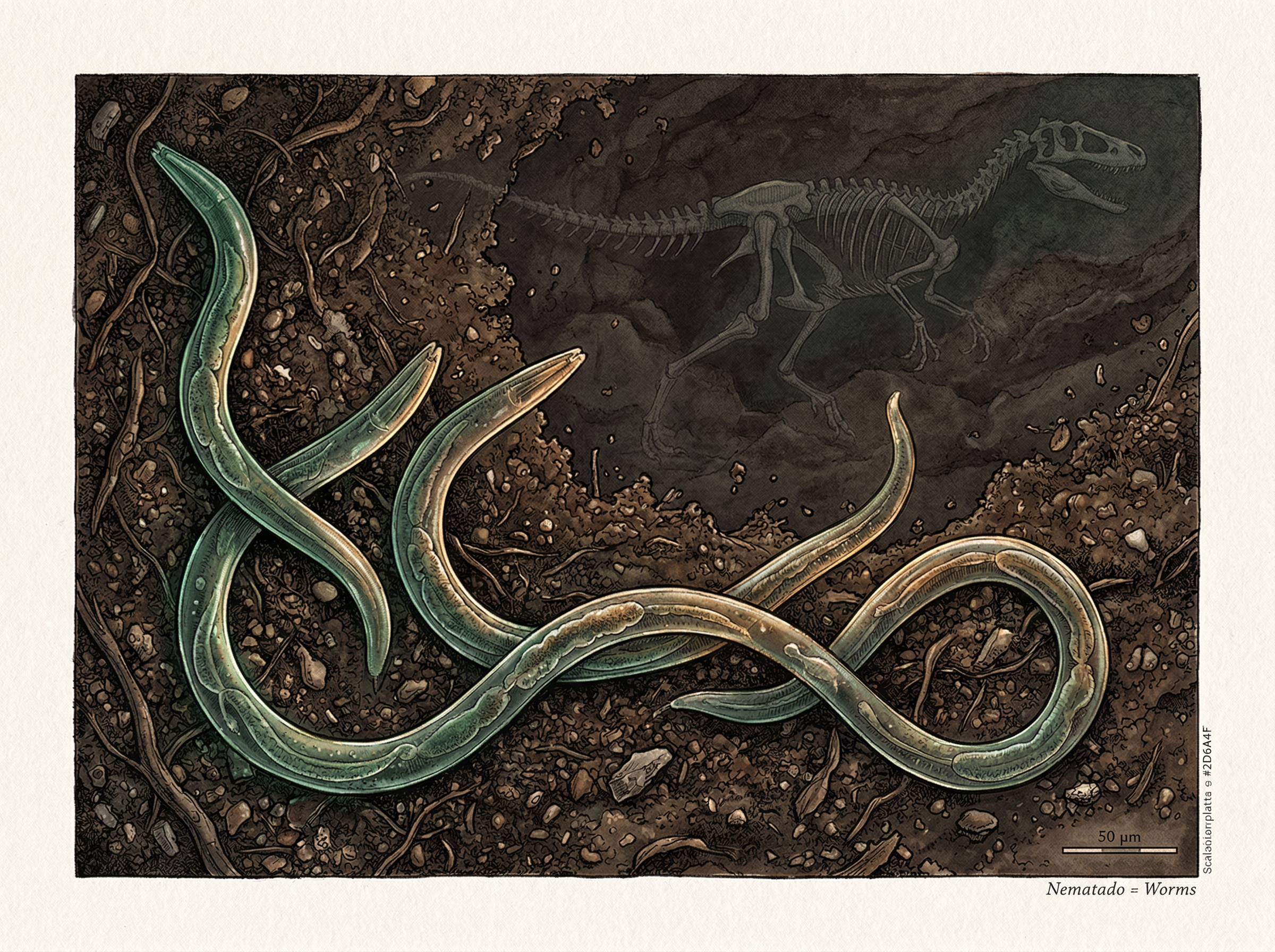 Microscopic view of translucent nematode worms in soil with a faint dinosaur skeleton silhouette in the background