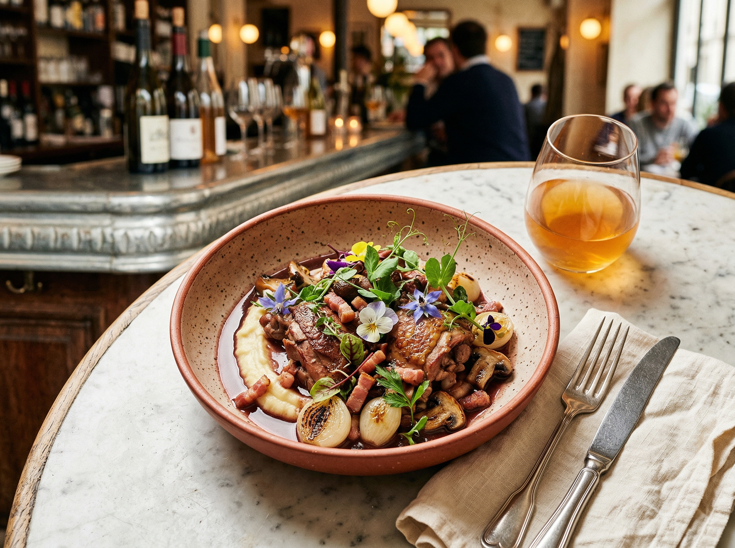 Beautifully plated neo-bistrot dish on a rustic marble table with natural wine in a stemless glass