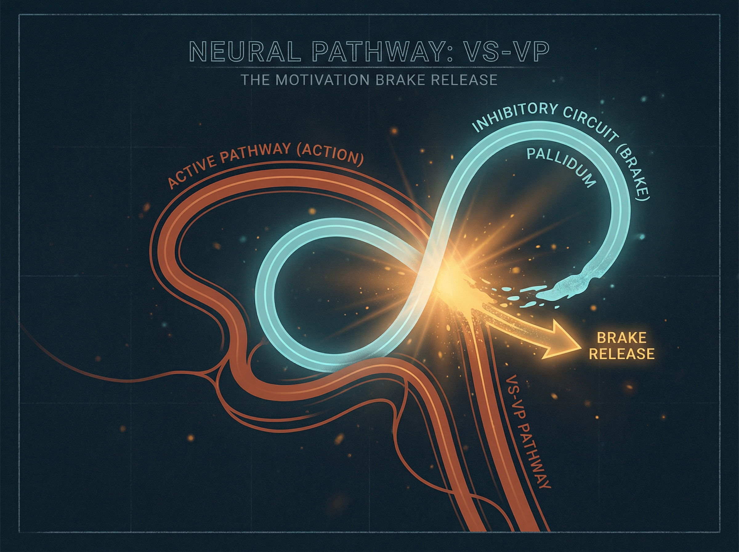 Scientific visualization of the VS-VP neural pathway, the motivation brake circuit