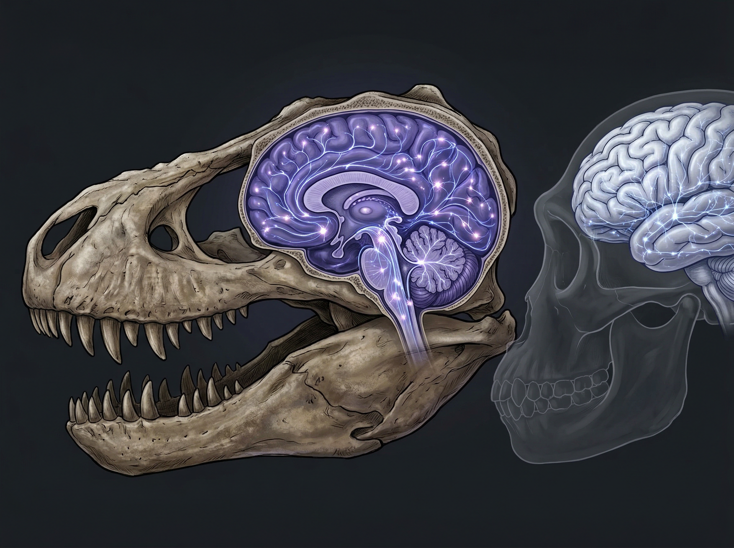 Scientific cross-section illustration of a theropod dinosaur skull with a glowing, complex brain, neural pathways illuminated in indigo