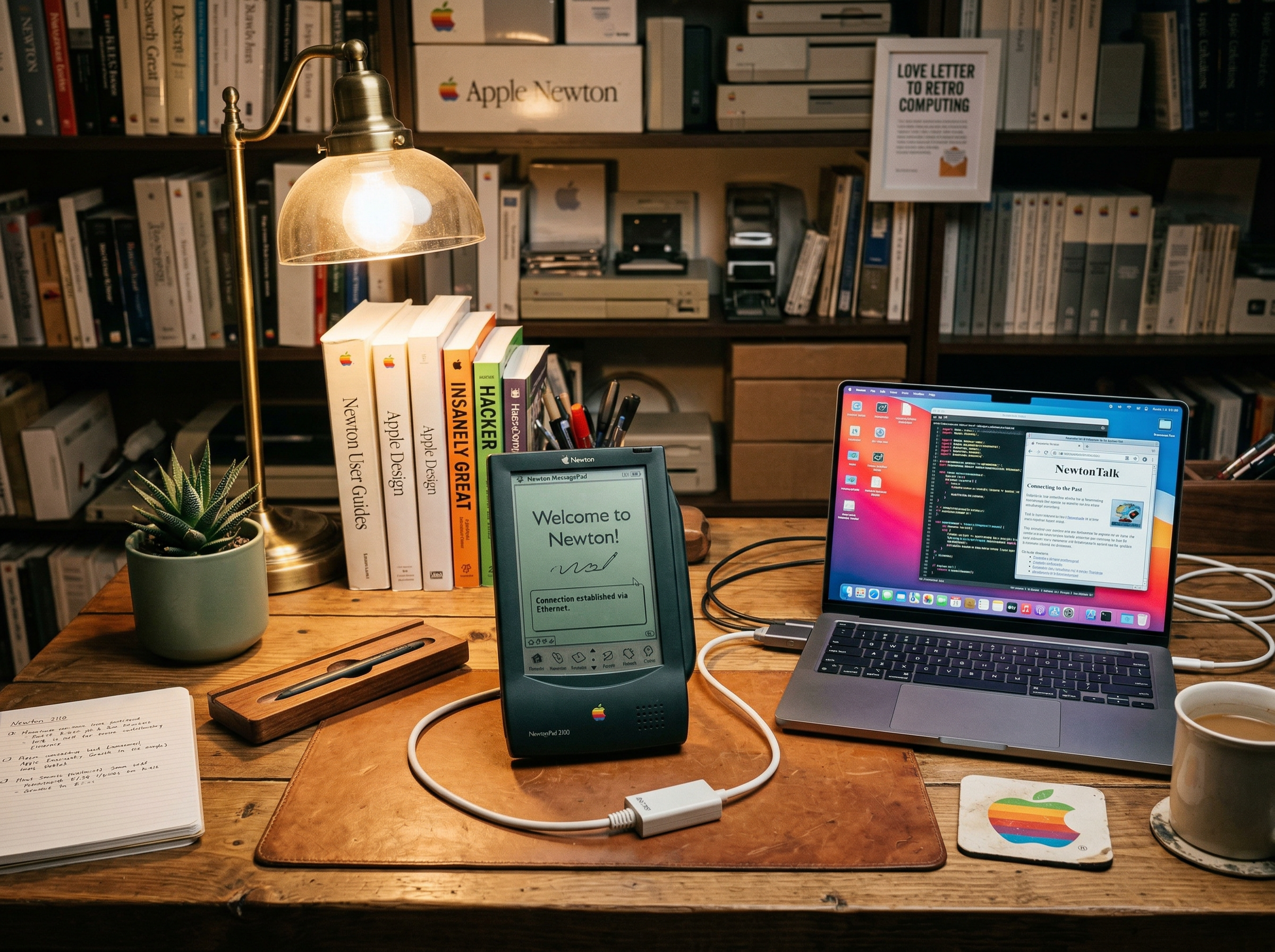 A cozy desk scene with an Apple Newton MessagePad 2100 sitting next to a modern MacBook, connected via Ethernet