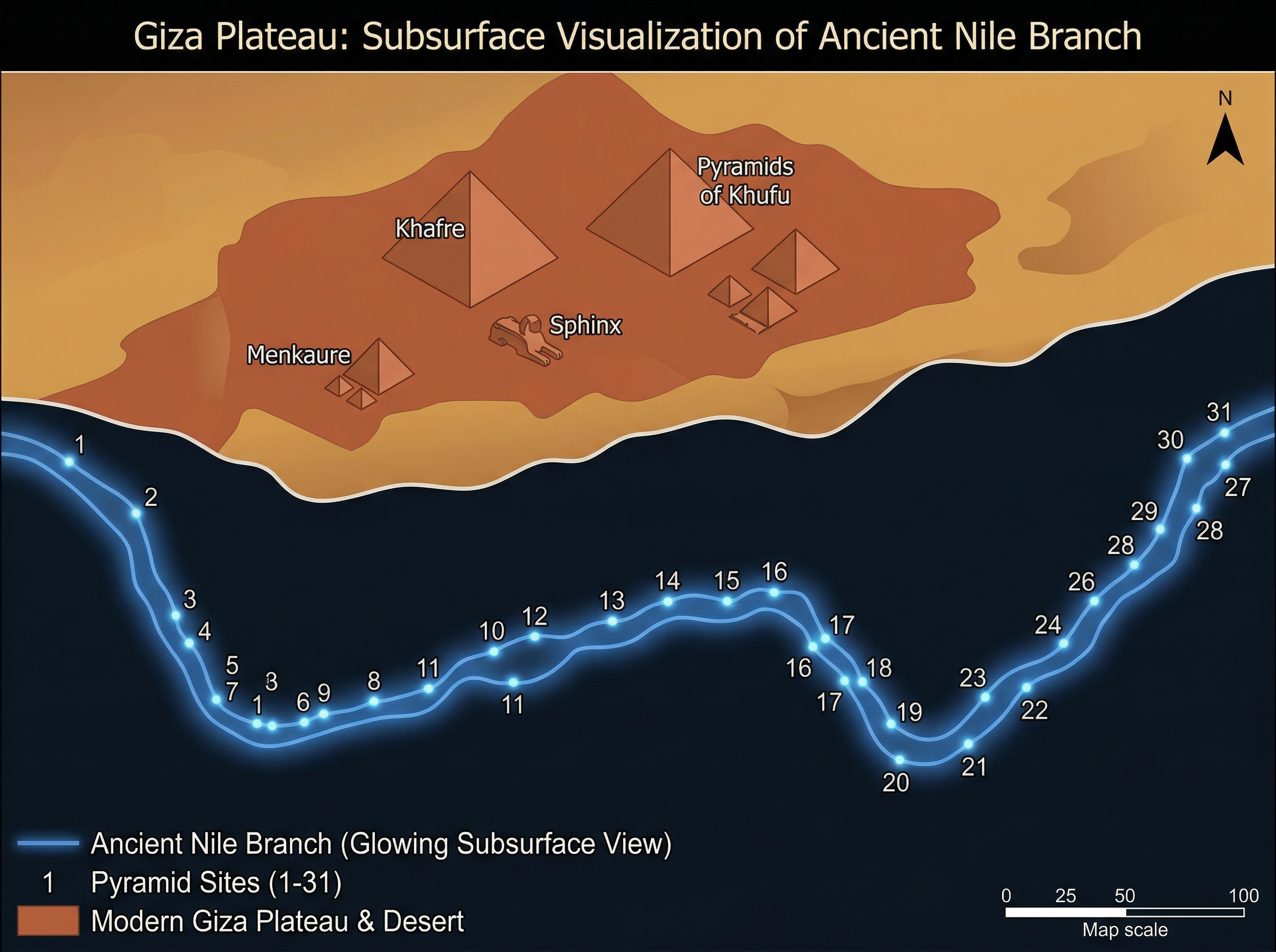 Satellite radar visualization showing the hidden ancient Ahramat Nile branch beneath the desert near pyramids