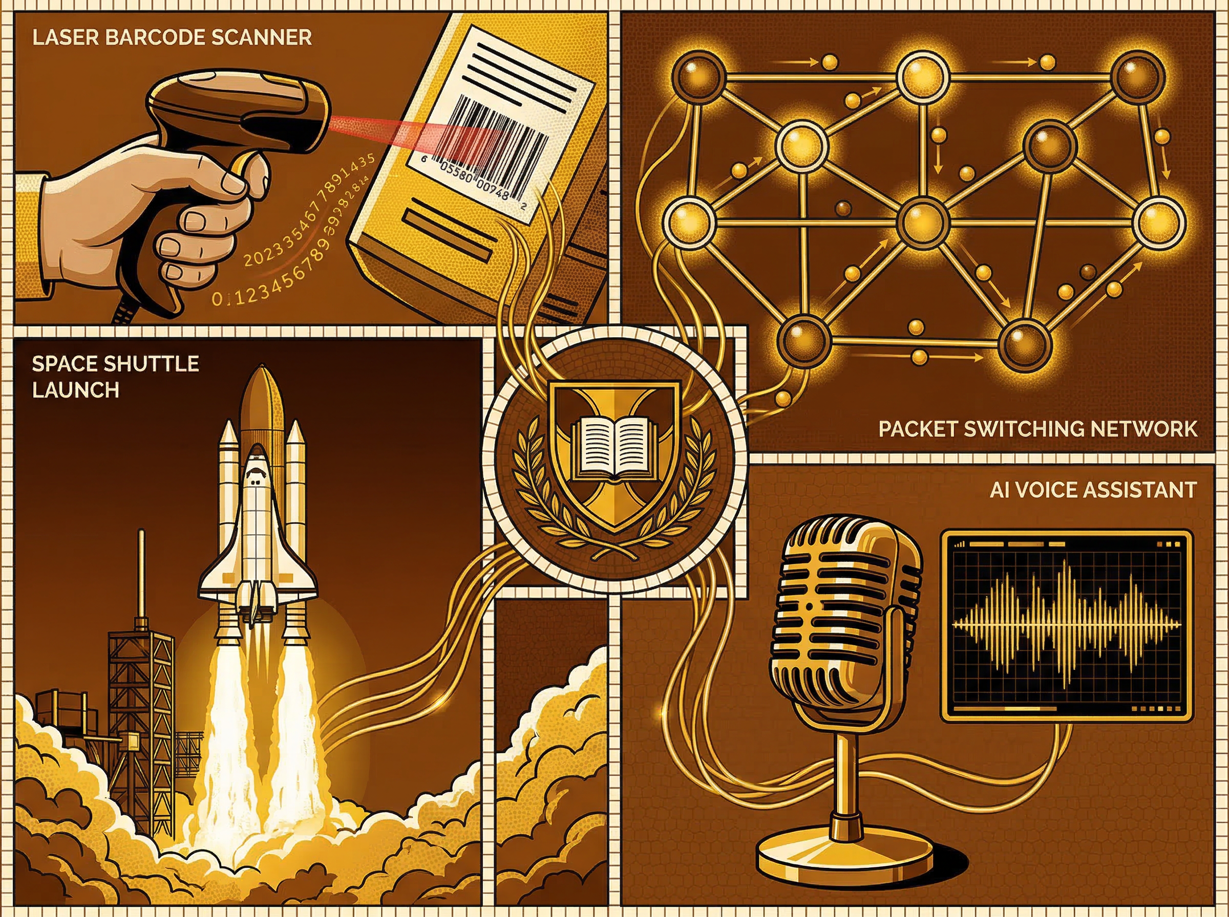 Mosaic of four iconic inventions: barcode, network diagram, Space Shuttle, and AI waveform, connected by golden threads