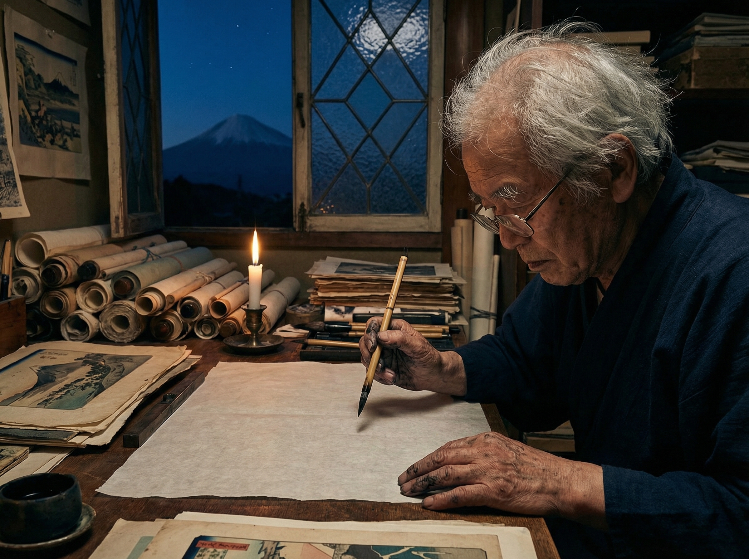 Elderly Japanese master artist with white hair hunched over paper in candlelight