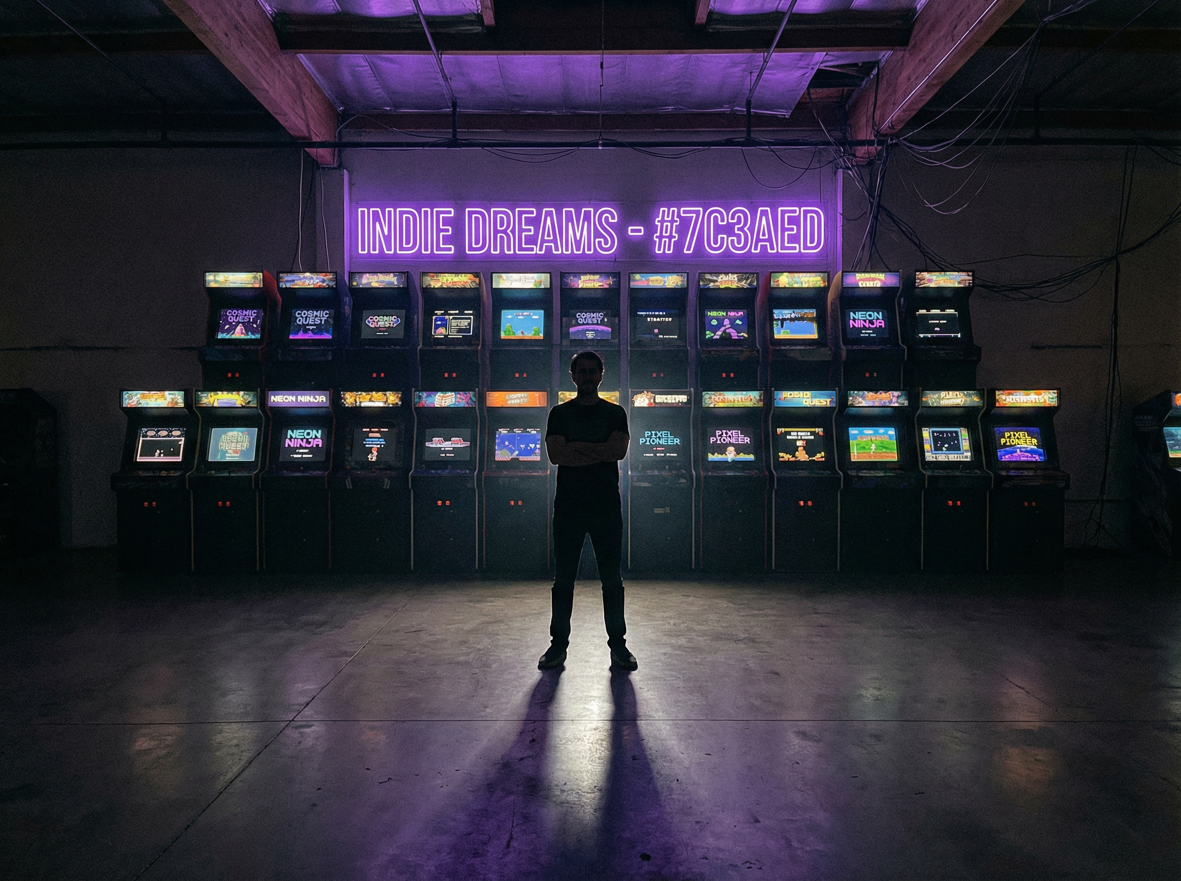 Single person silhouette standing before a wall of glowing arcade cabinets they built, purple neon light casting dramatic shadows