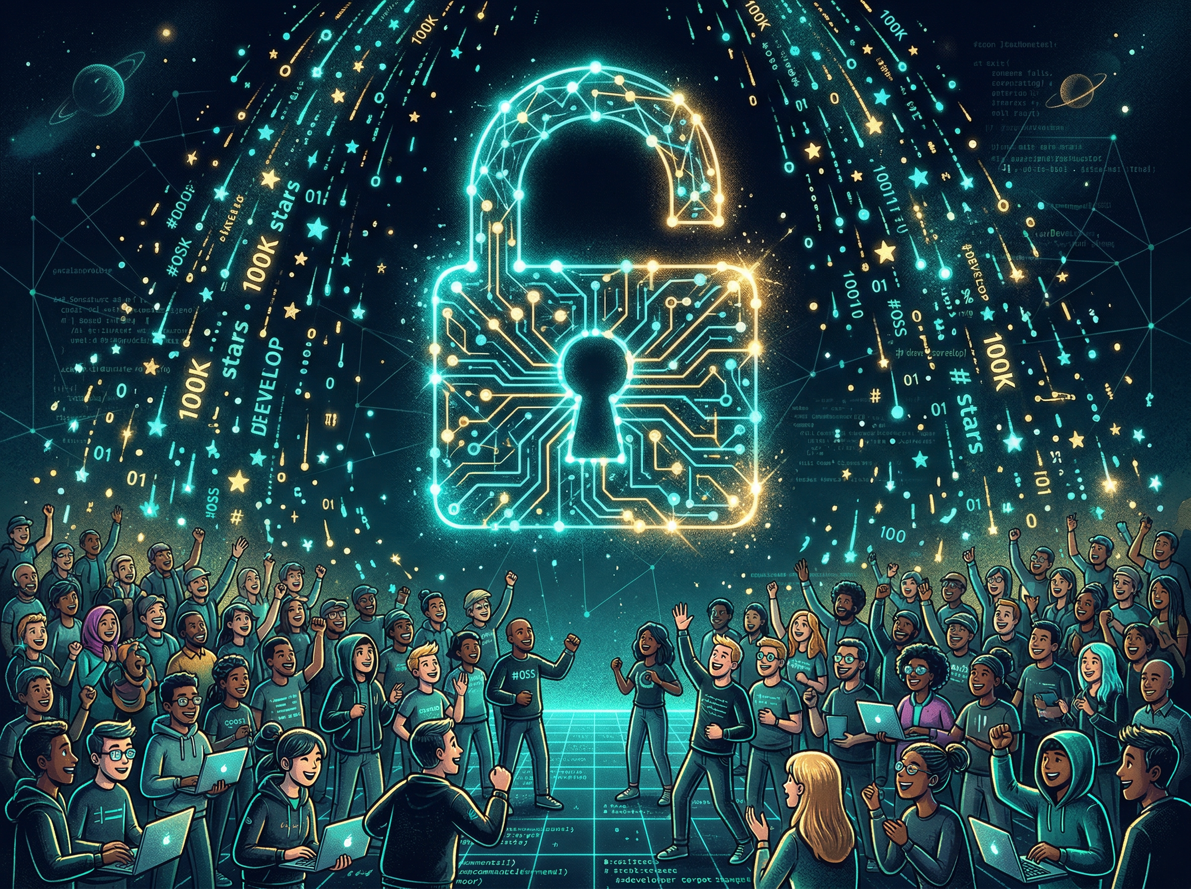 An open source symbol made of interconnected glowing nodes with 100K stars raining down like digital confetti