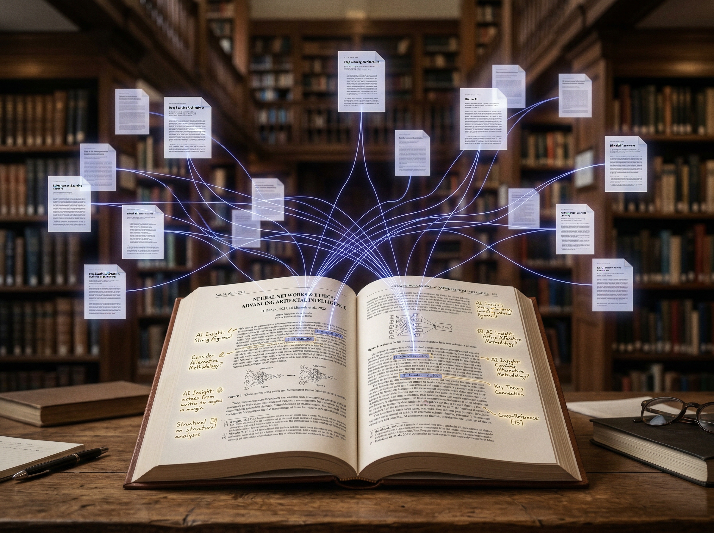 Academic paper with citation links glowing and connecting to floating research papers like a constellation
