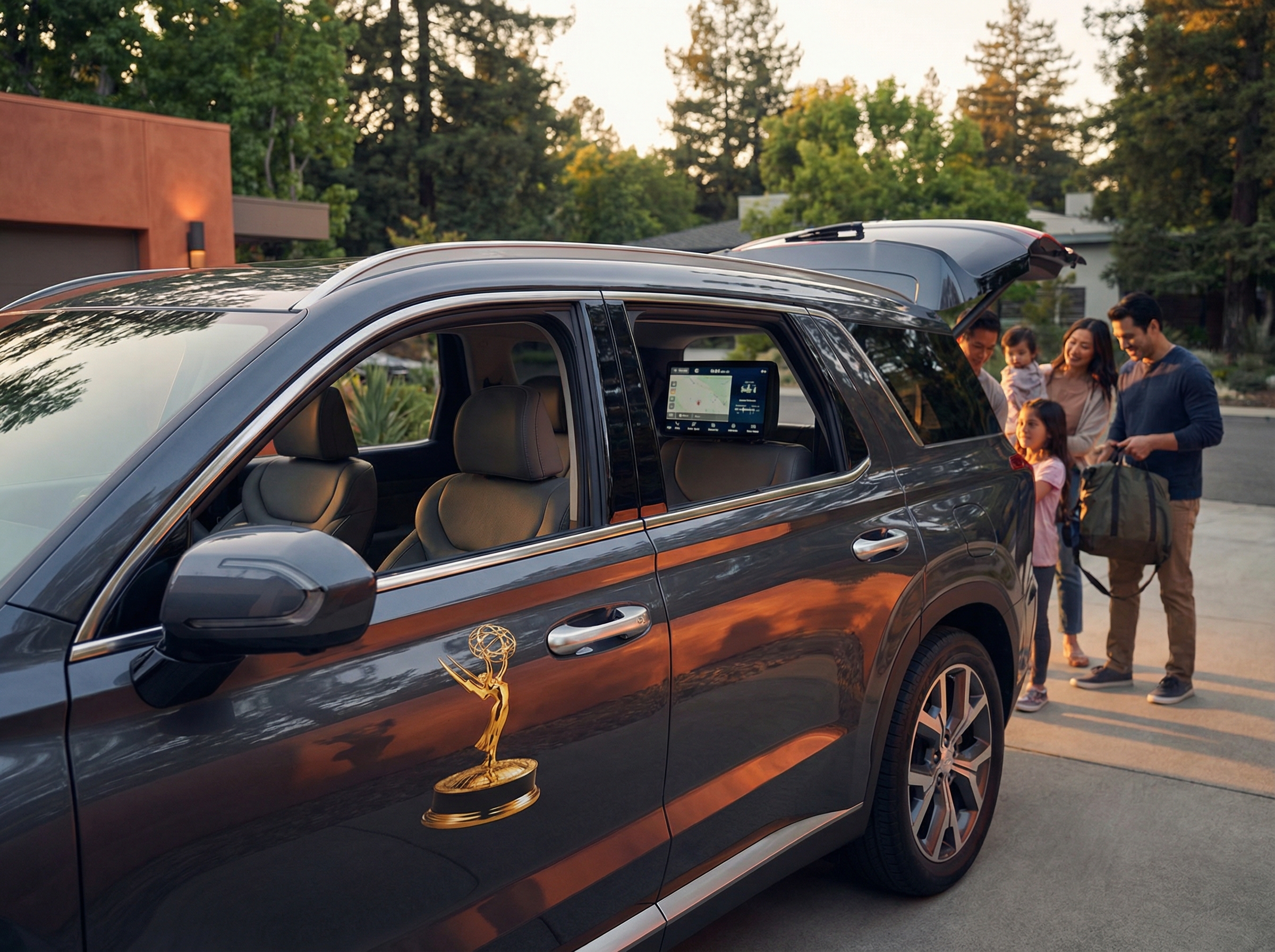 Hyundai Palisade in suburban setting with award reflection