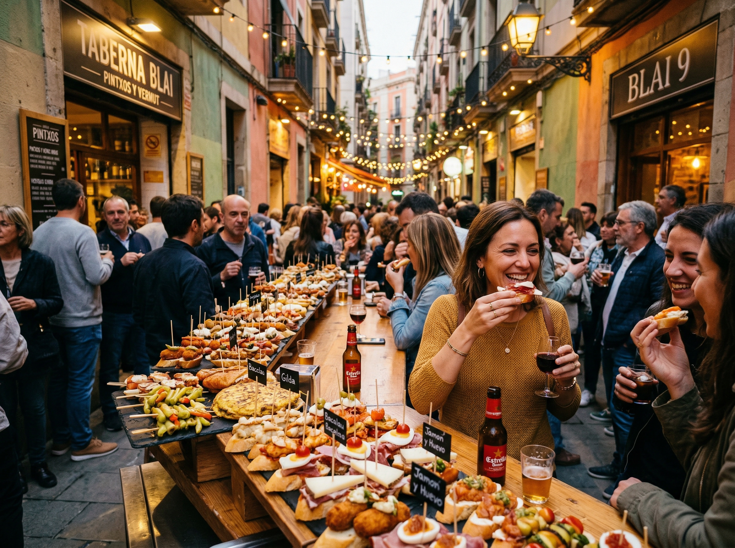 Vibrant street scene on Carrer de Blai with colorful pintxos on bar counters and people eating under string lights