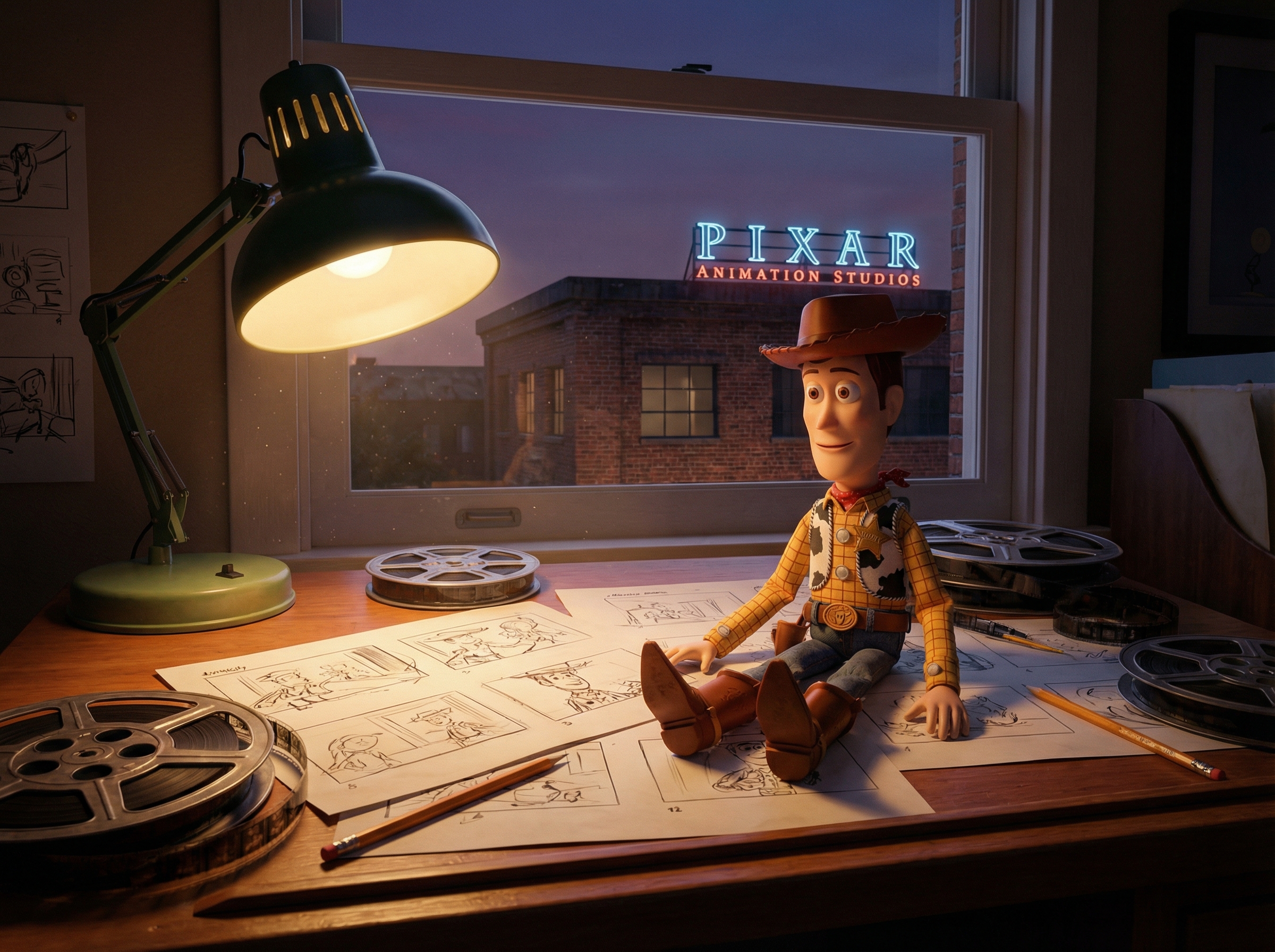 Woody doll on animation desk with storyboards and Pixar building visible through window
