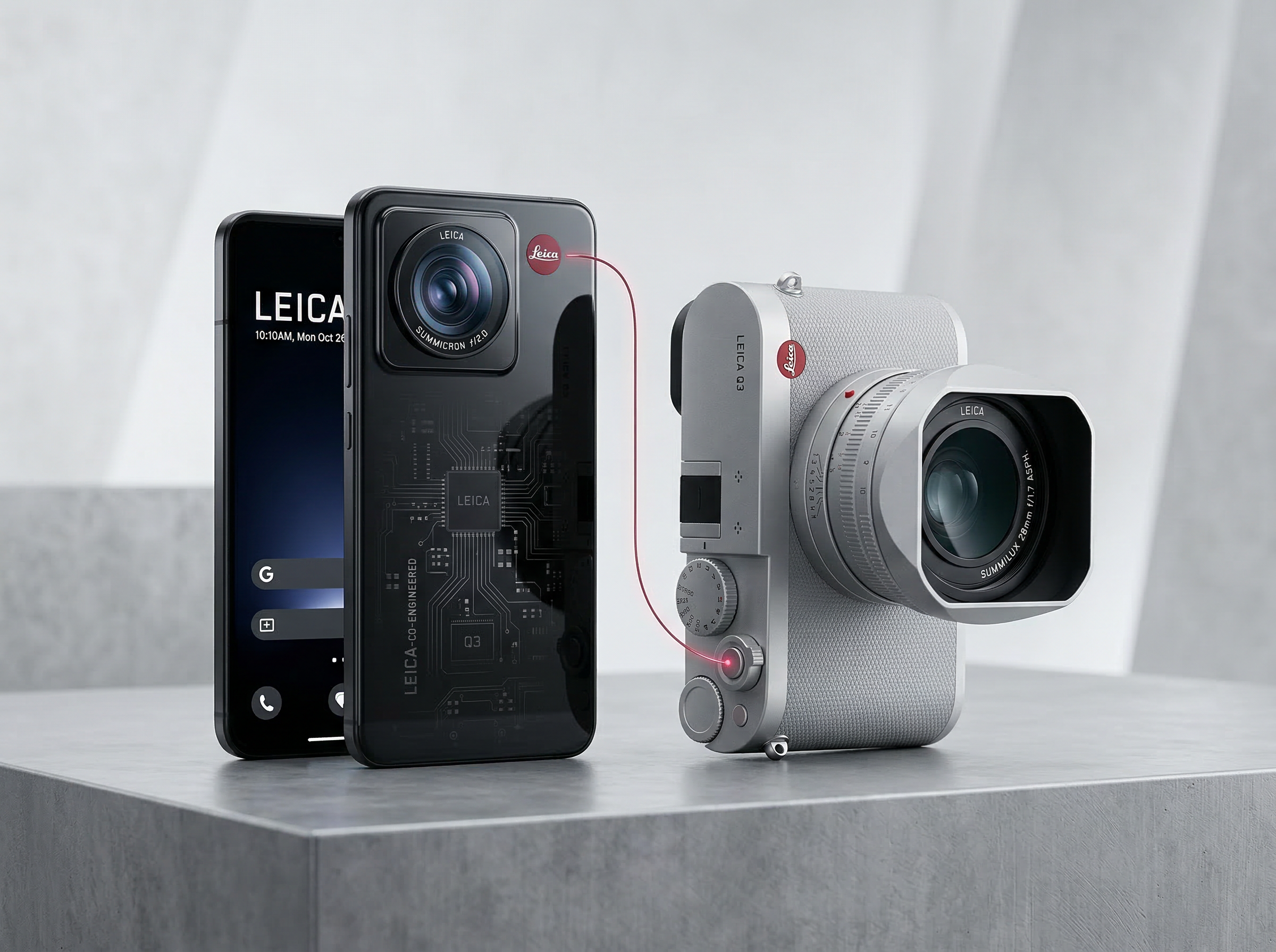 A Leica Q3 camera and a smartphone with Leica branding side by side, the phone's lens reflecting classic Leica optical design