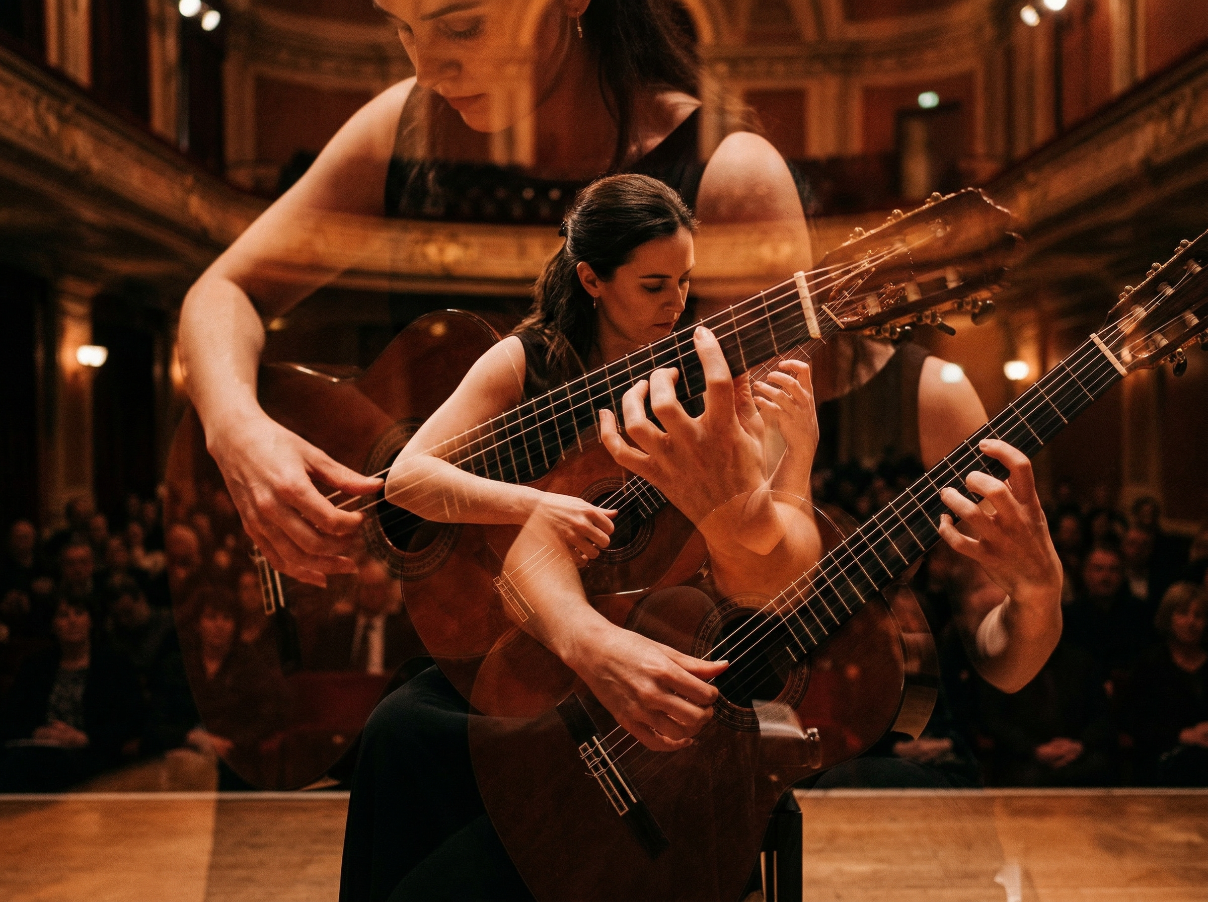 Concert stage atmosphere with classical guitarist performing, warm stage lighting