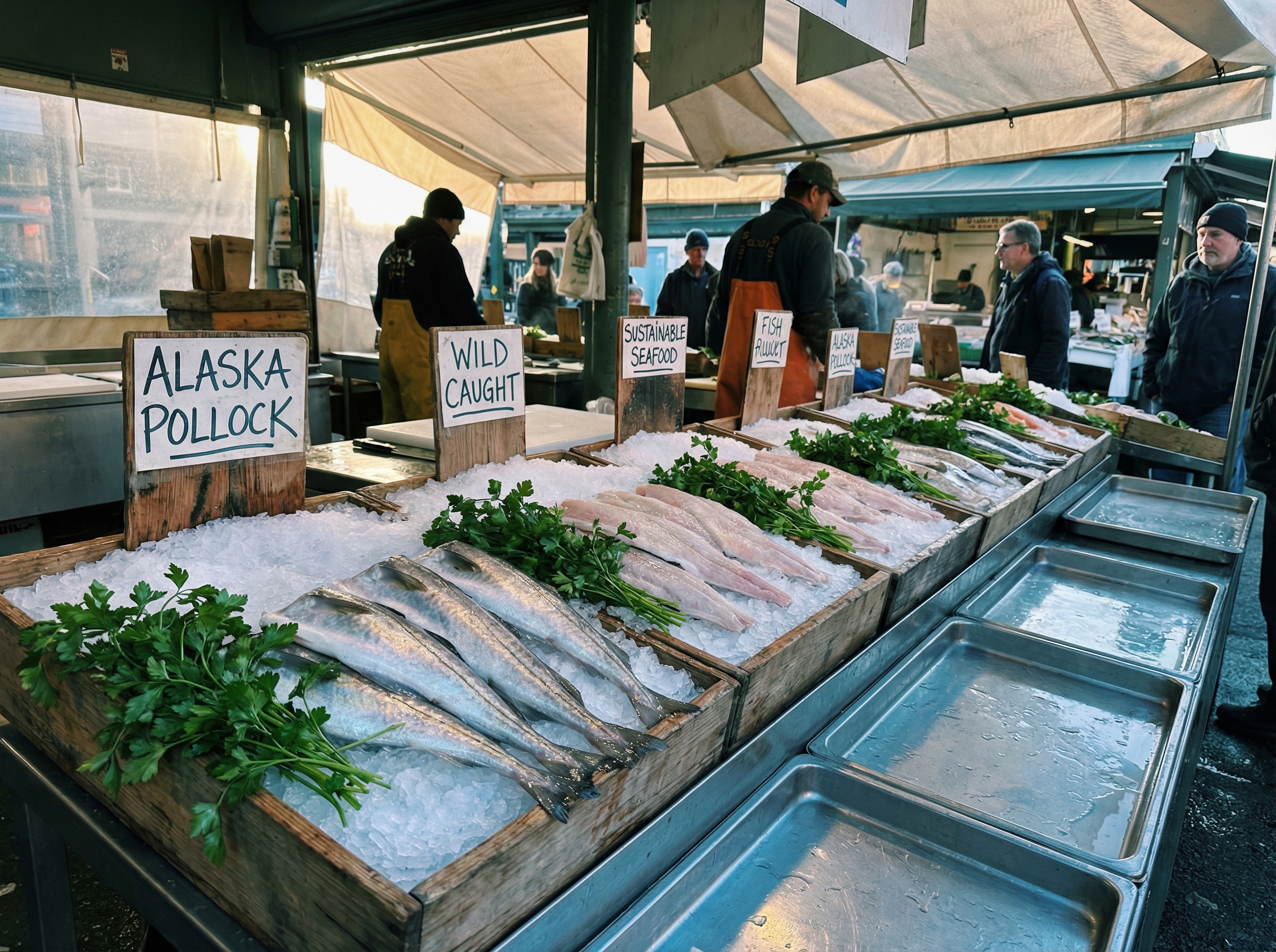 Fresh Alaska pollock fillets on ice