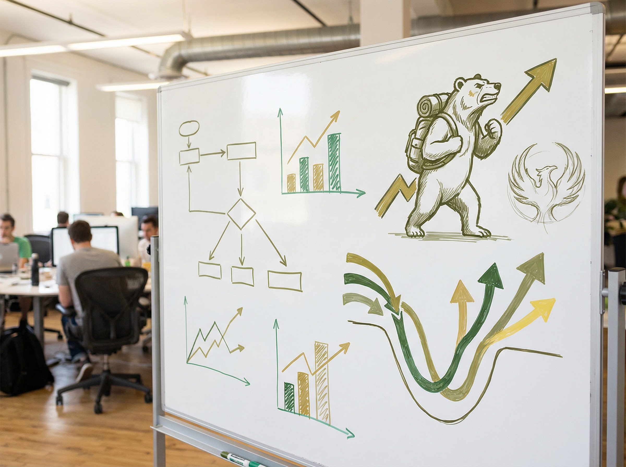 Whiteboard with campaign strategy diagrams, California bear reimagined