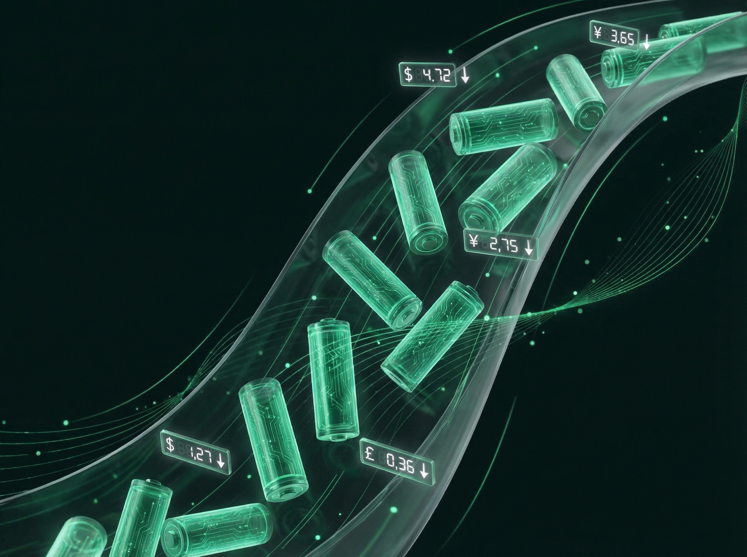 Abstract visualization of battery cells cascading downward representing falling prices