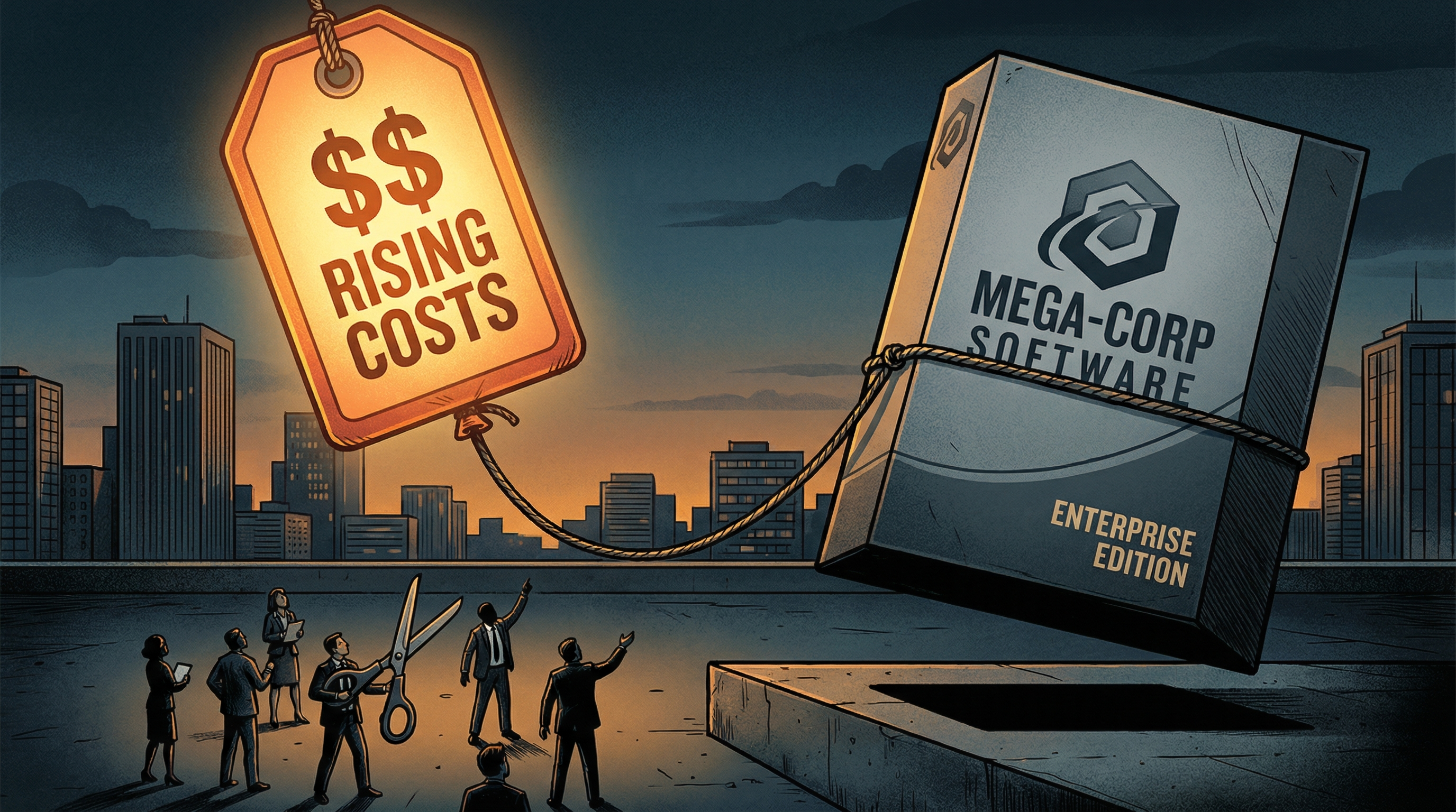 Giant price tag floating like a balloon, lifting an enterprise software box off the ground while people below consider cutting the string