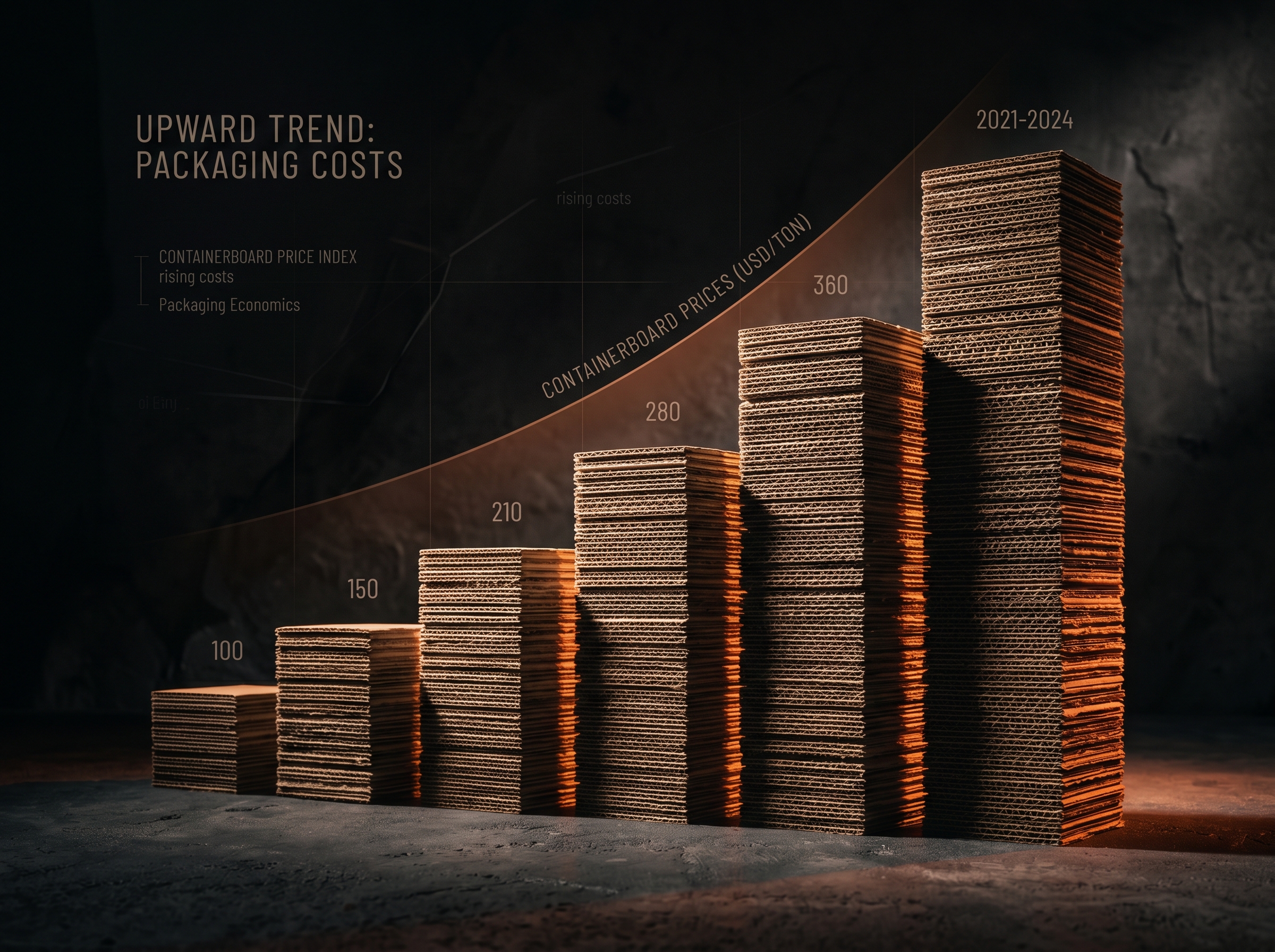 Corrugated cardboard sheets arranged like ascending bar chart columns in dramatic lighting