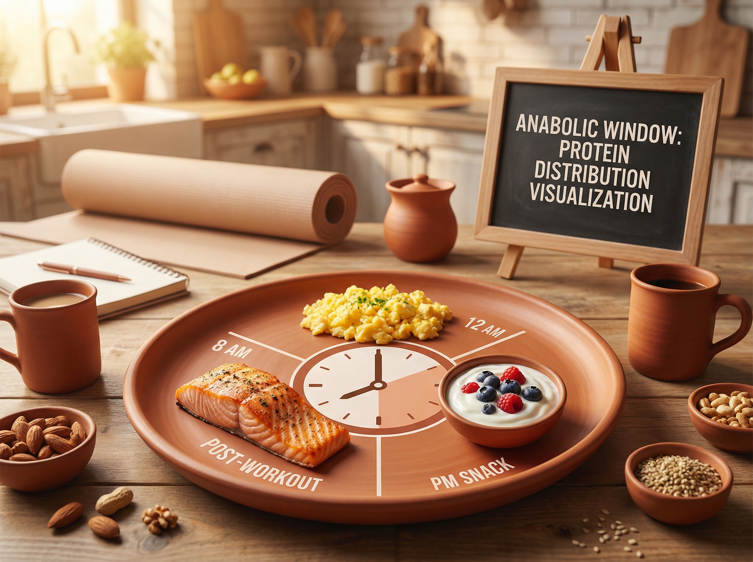 Strategic breakfast plate with high-protein foods arranged to emphasize meal timing concepts