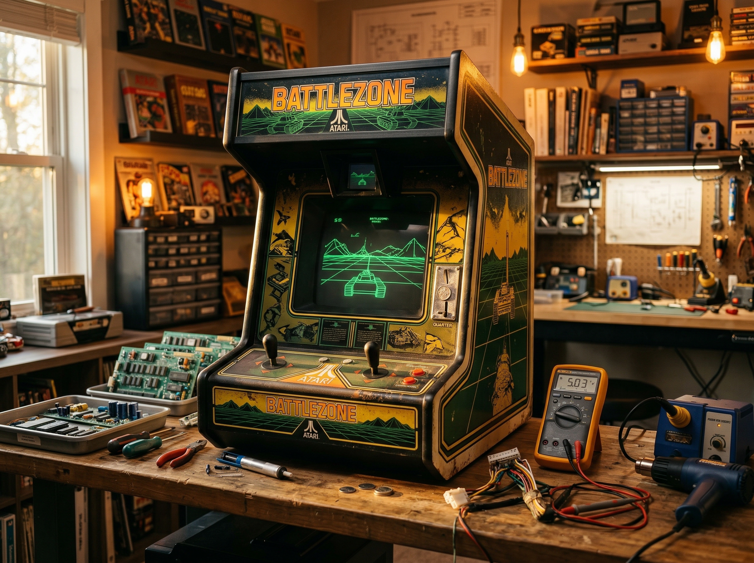 Lovingly restored Battlezone periscope arcade cabinet in a warm home game room surrounded by repair tools and spare circuit boards