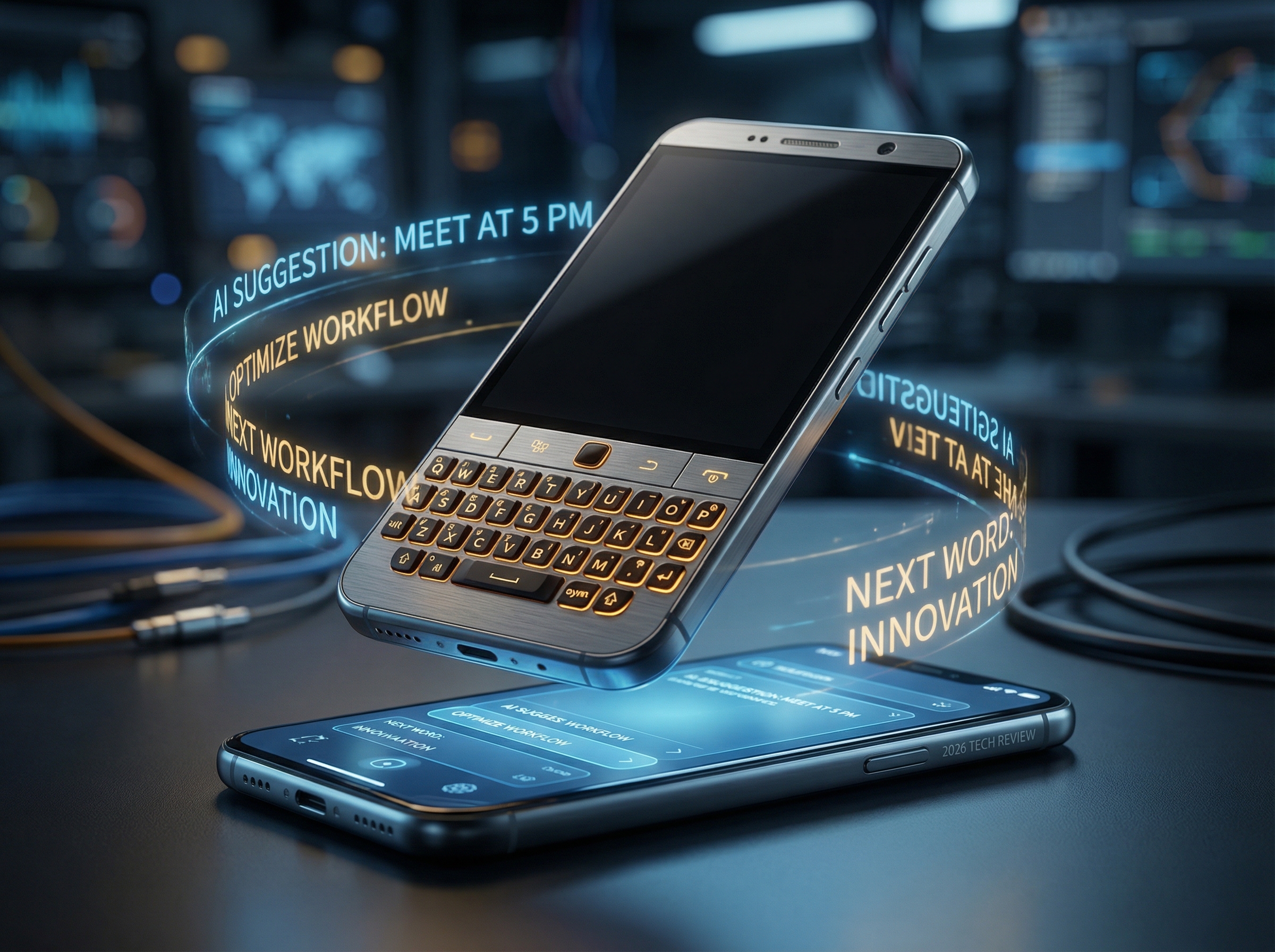 Modern smartphone with physical QWERTY keyboard alongside a touchscreen phone