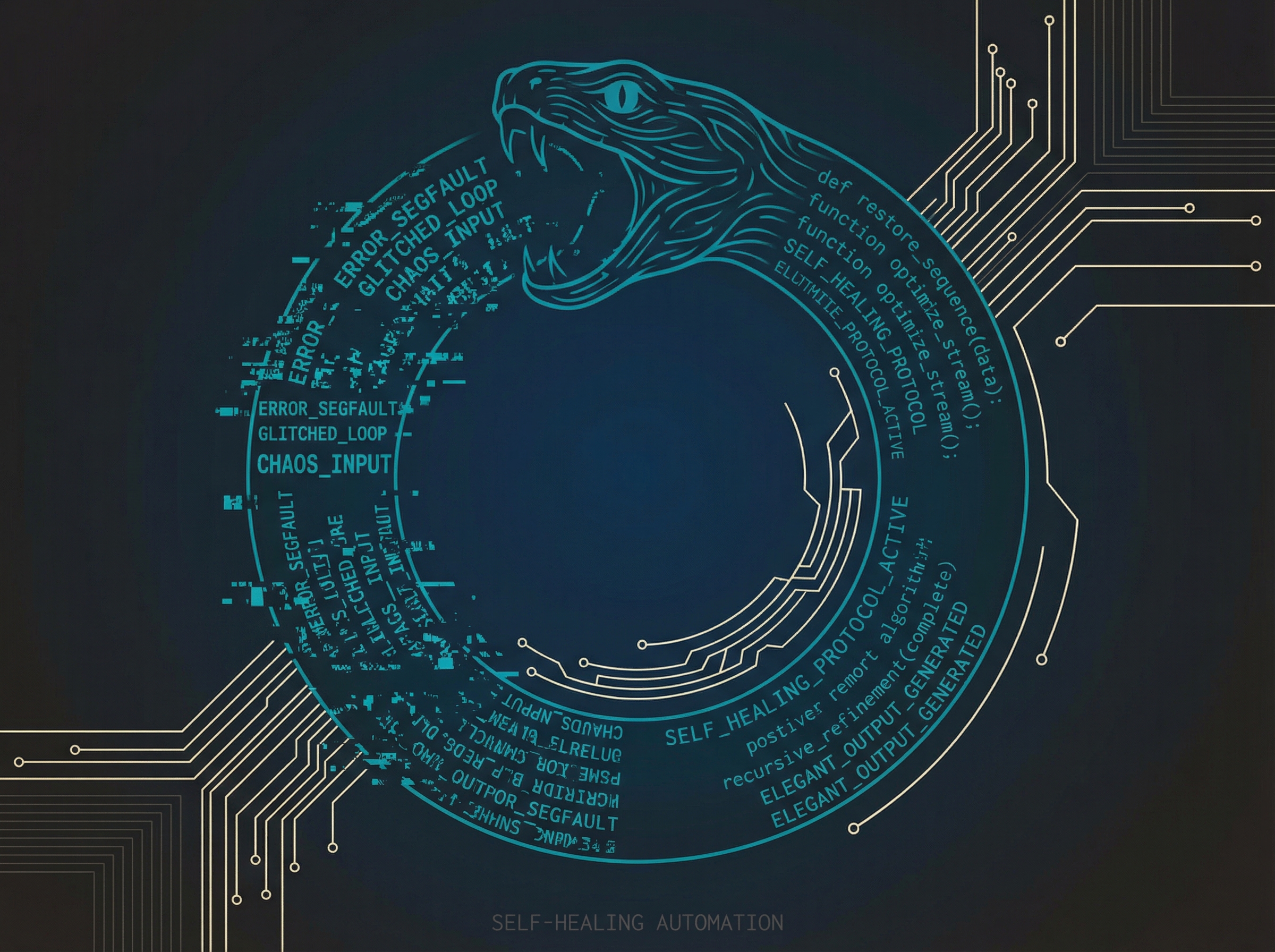 An ouroboros made of code, a serpentine loop of terminal text feeding back into itself