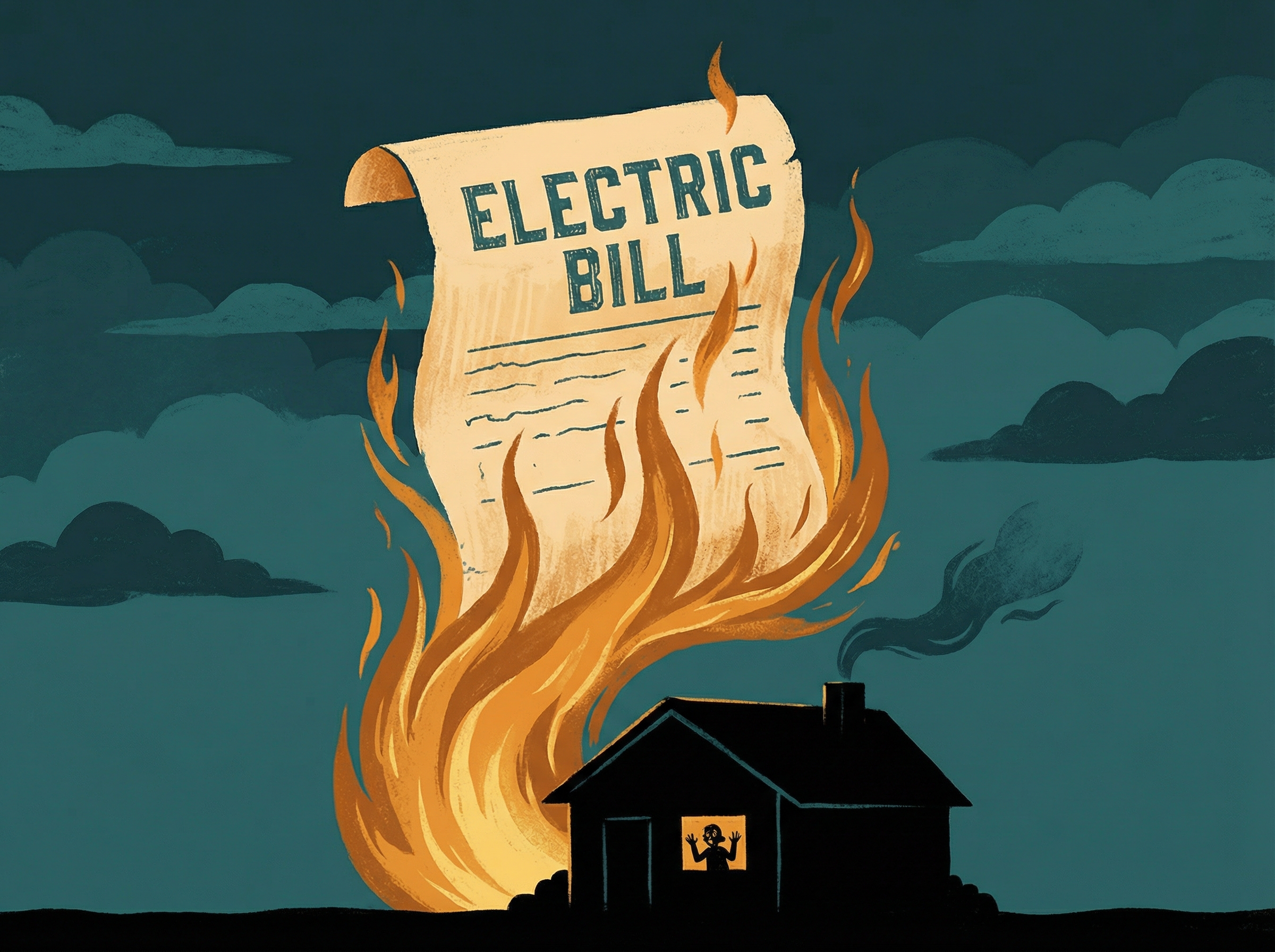 Electric bill paper burning with flames climbing upward, worried suburban house silhouette below