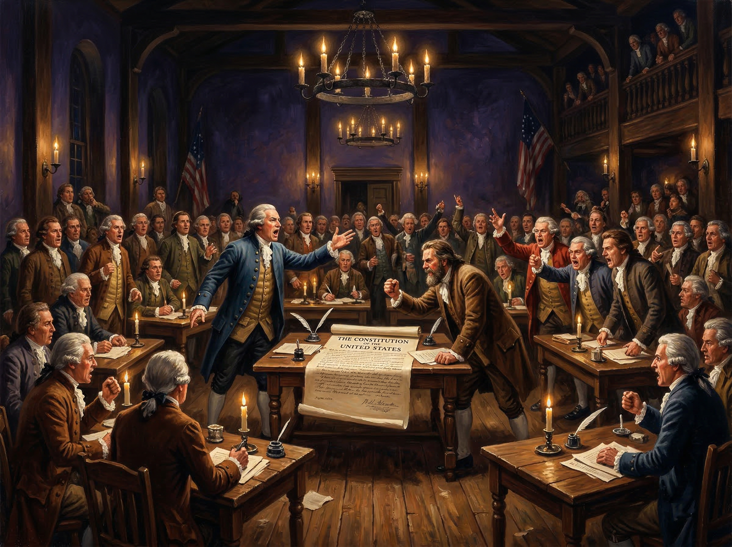 Delegates debating passionately in a colonial American convention hall