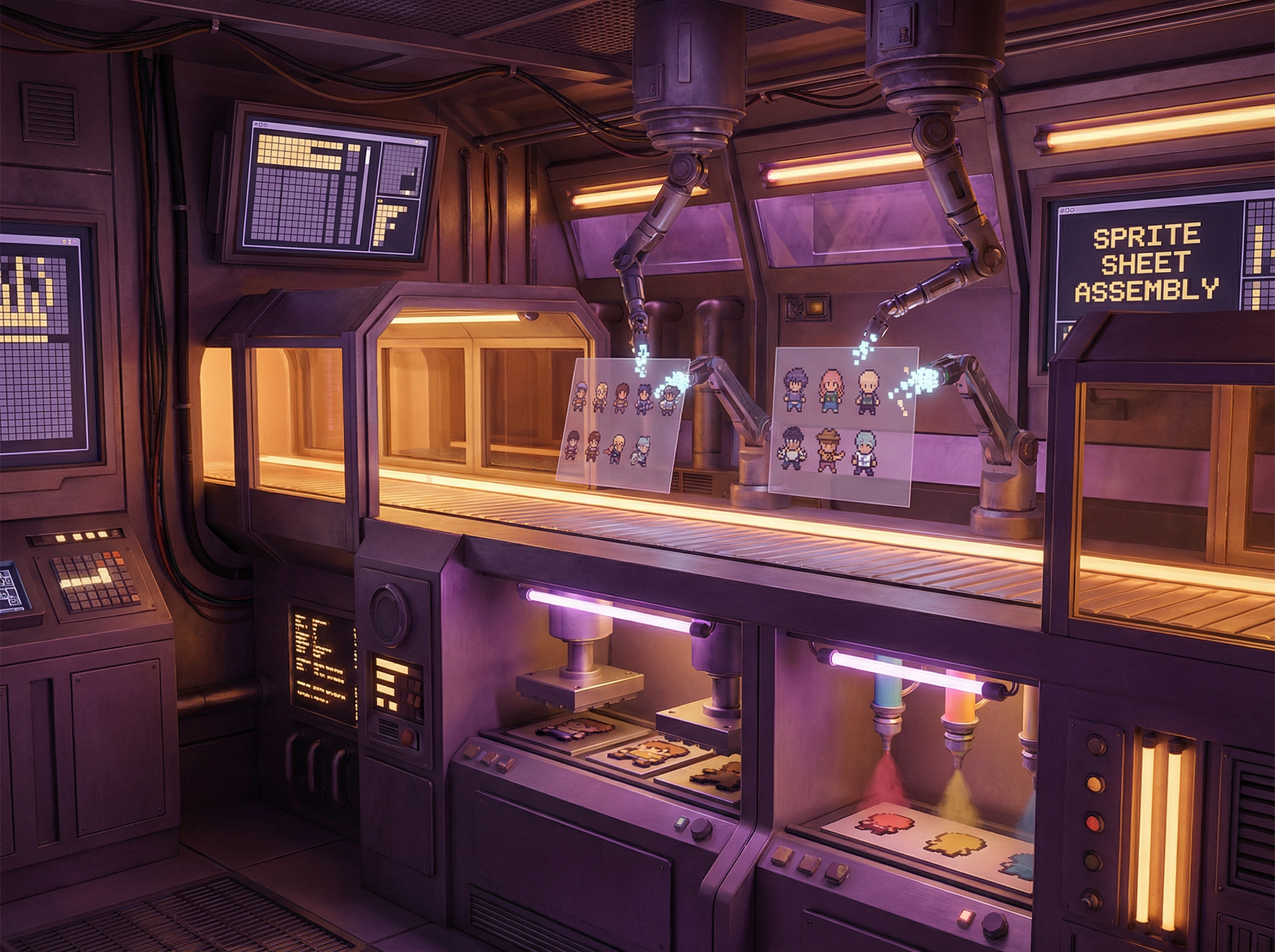 Factory assembly line producing pixel art sprite sheets, representing Retro Diffusion's automated sprite generation engine